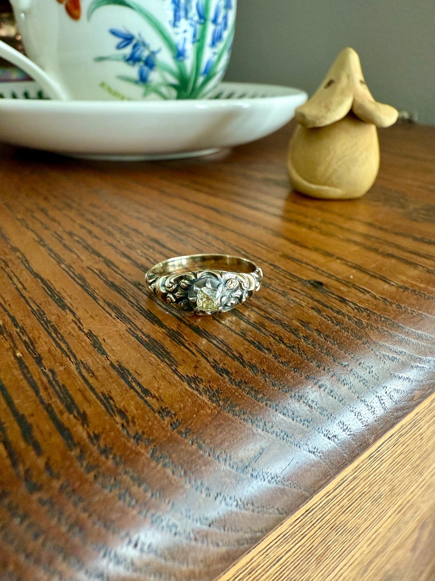 Antique Old Mine Cut DIAMOND Swirl Embossed Georgian ANTIQUE Ring Warm Pale Yellow Stone 14k Gold Silver Collet Band Stacker Solitaire Gift