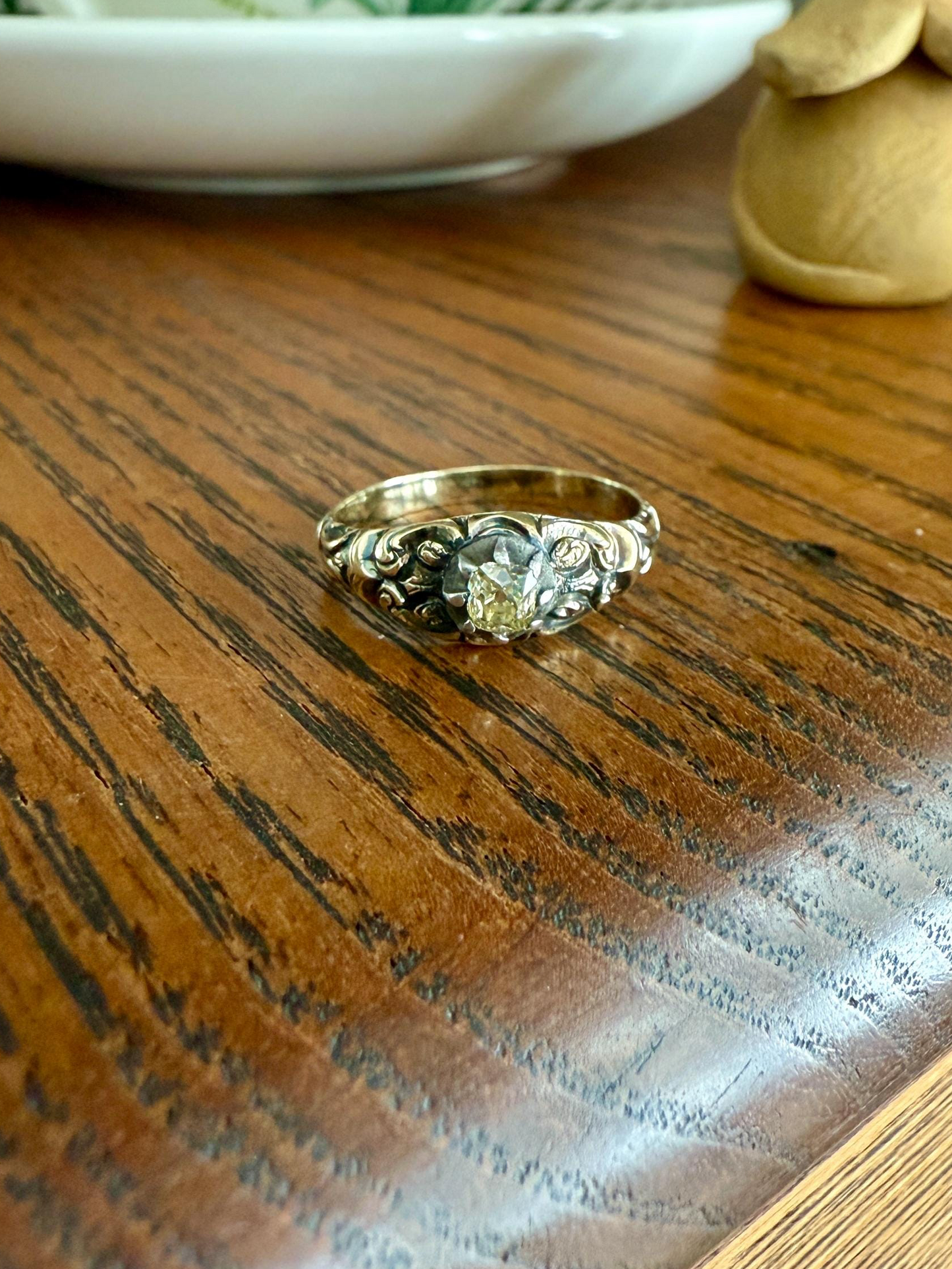 Antique Old Mine Cut DIAMOND Swirl Embossed Georgian ANTIQUE Ring Warm Pale Yellow Stone 14k Gold Silver Collet Band Stacker Solitaire Gift