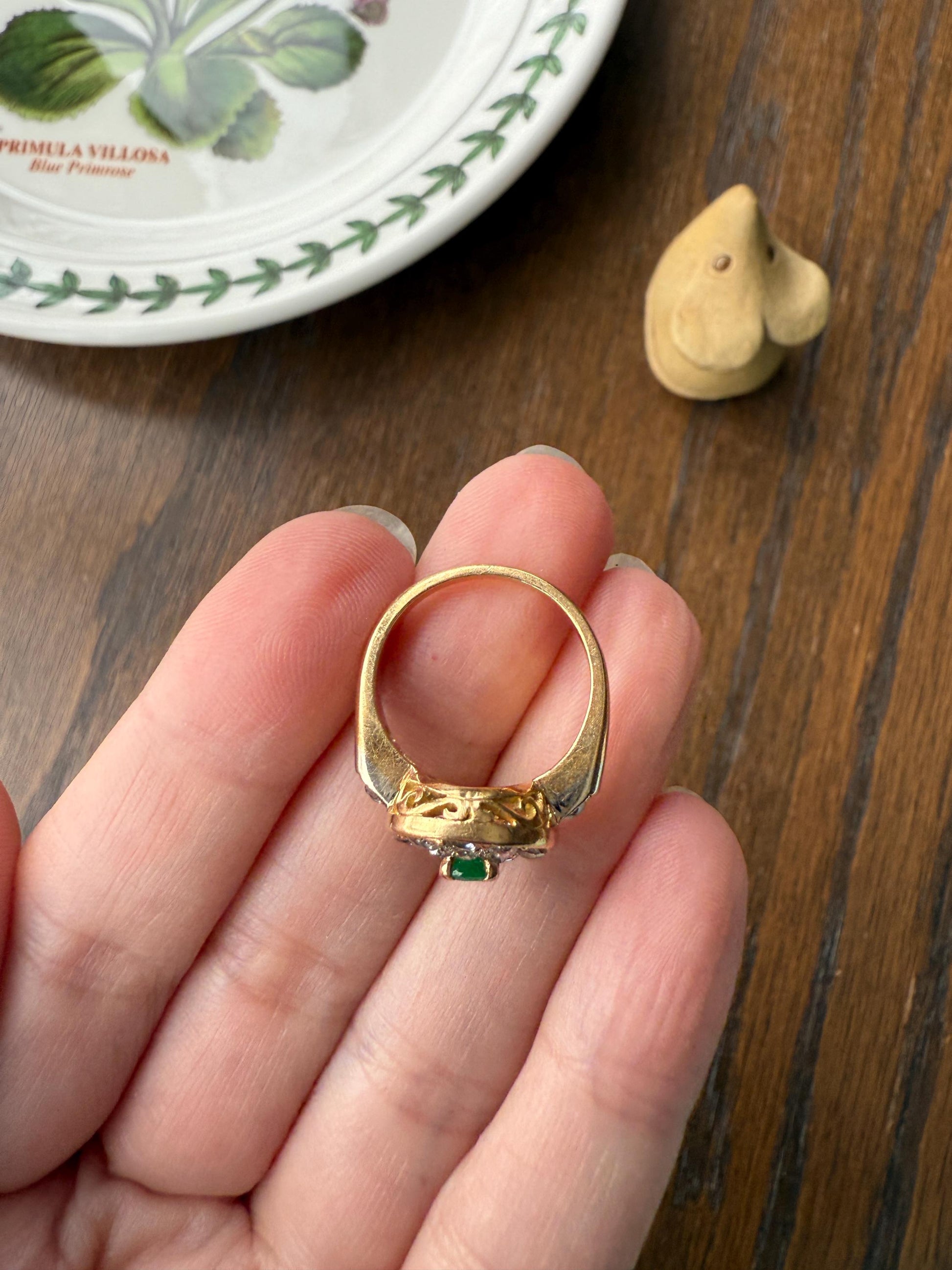 Antique Oval Pave Panel Ring Green Natural Emerald 1.25 Carat Old Mine Cut Diamonds Cluster 18k Gold French Ornate Texture