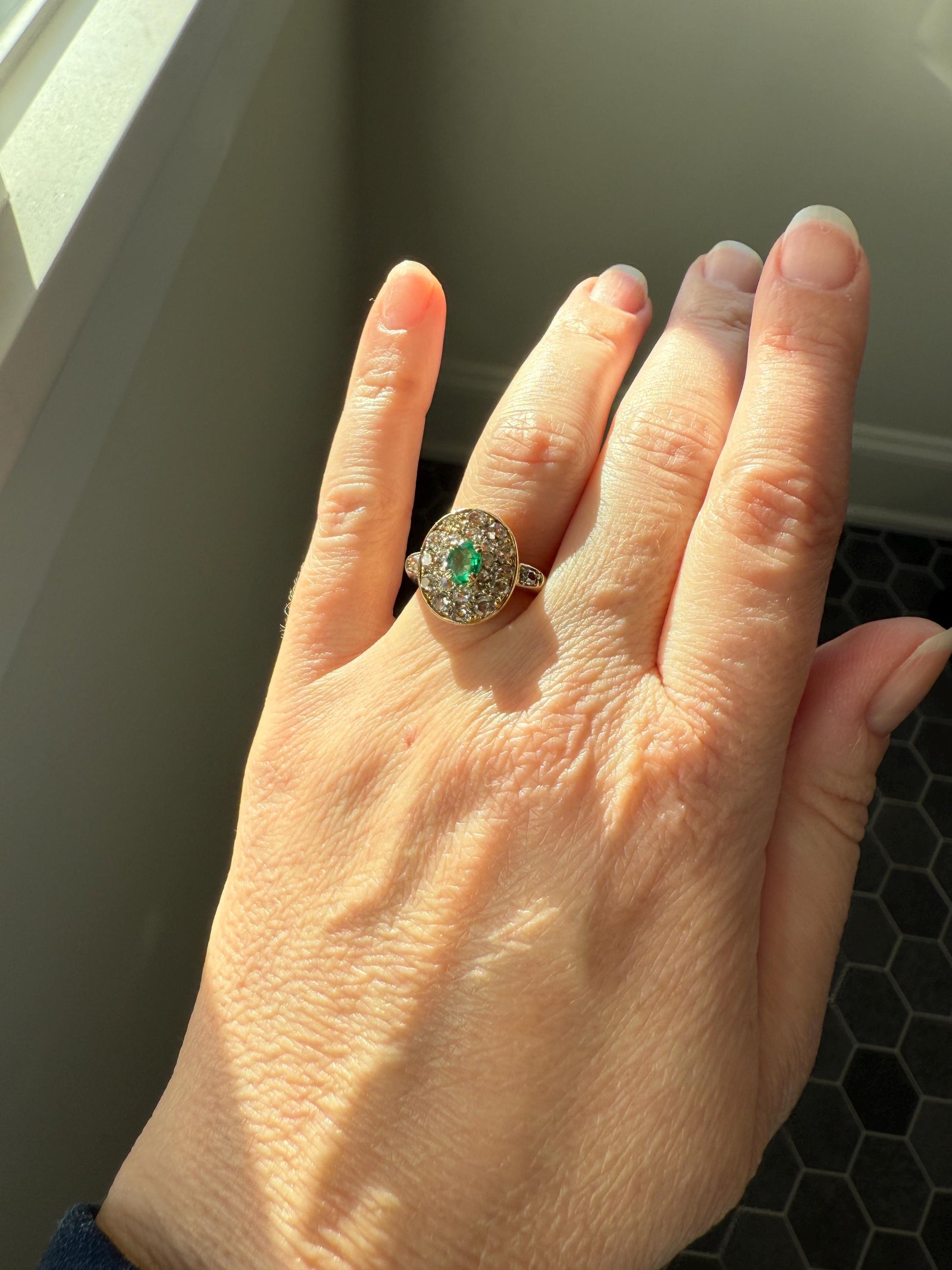 Antique Oval Pave Panel Ring Green Natural Emerald 1.25 Carat Old Mine Cut Diamonds Cluster 18k Gold French Ornate Texture