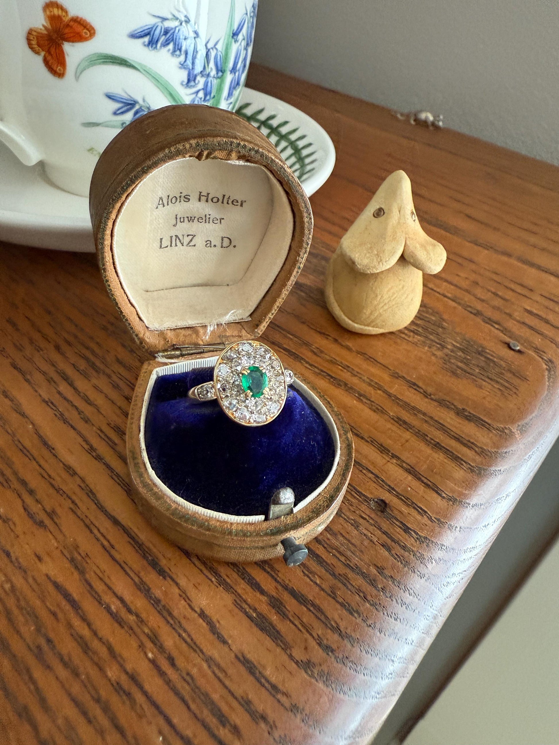 Antique Oval Pave Panel Ring Green Natural Emerald 1.25 Carat Old Mine Cut Diamonds Cluster 18k Gold French Ornate Texture