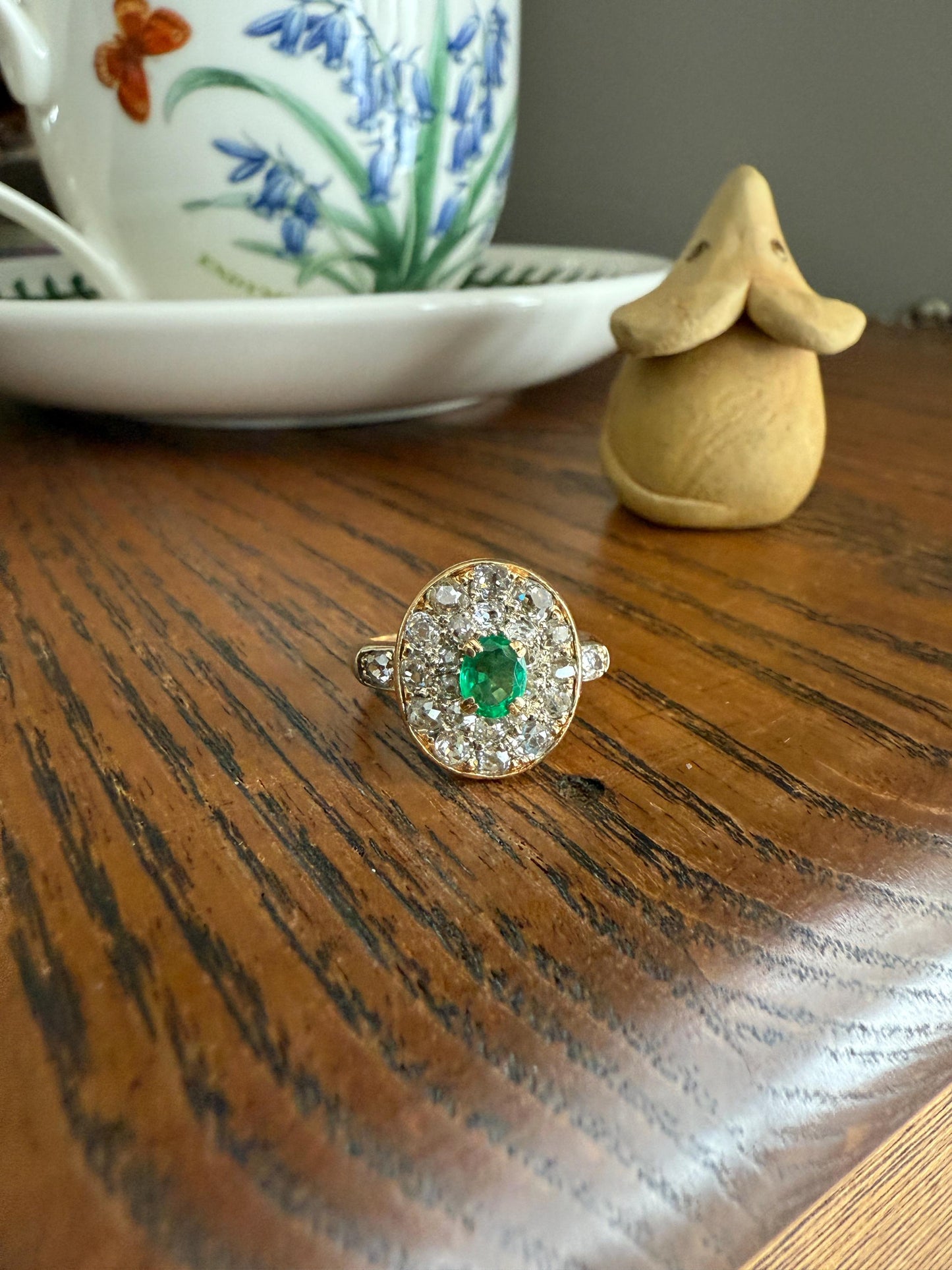 Antique Oval Pave Panel Ring Green Natural Emerald 1.25 Carat Old Mine Cut Diamonds Cluster 18k Gold French Ornate Texture