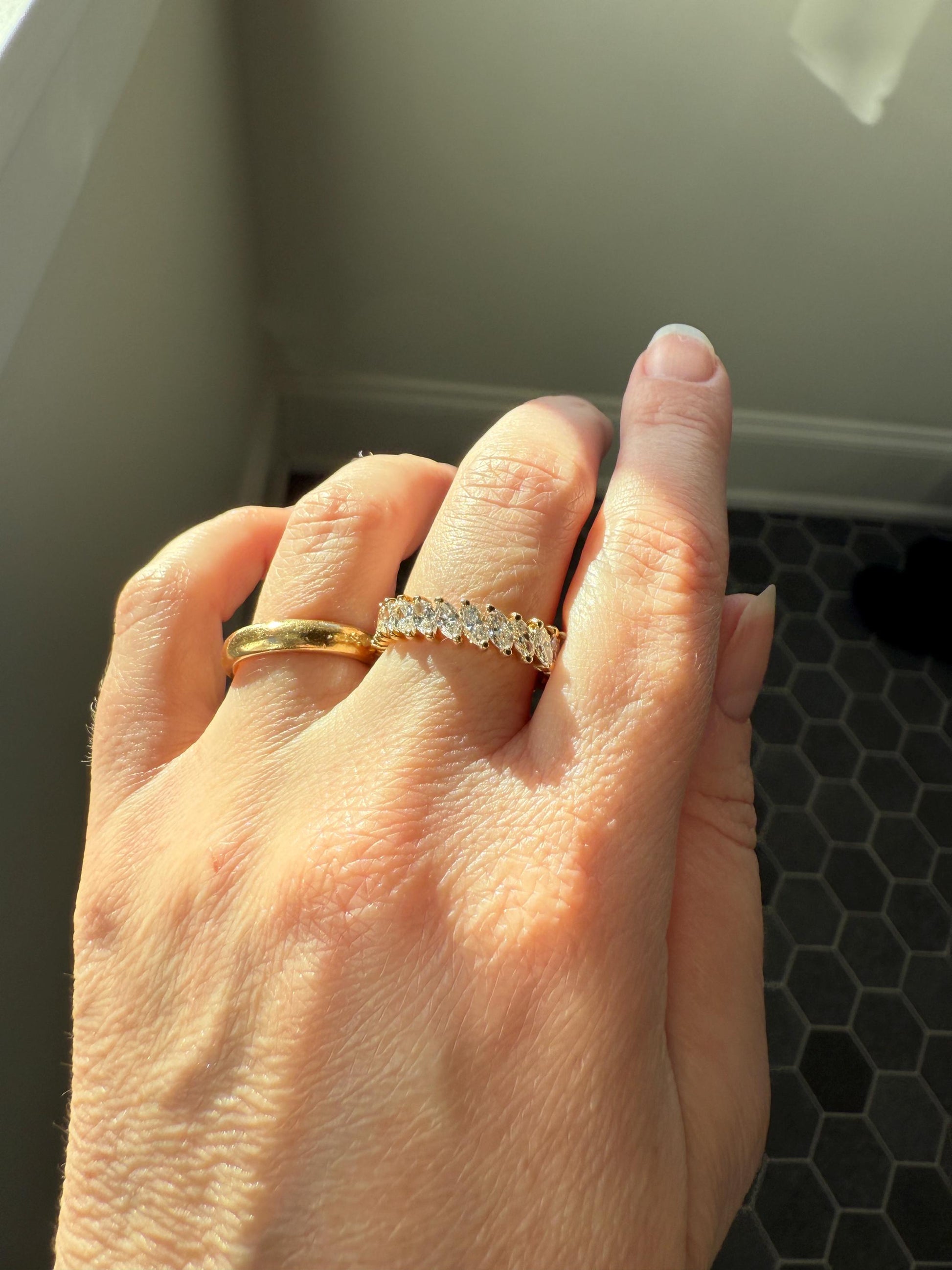 Vintage Two Carats Marquise Navette Cut DIAMOND Full Eternity Hoop Ring 18k Gold French Band Asymmetrical Angled Stacker