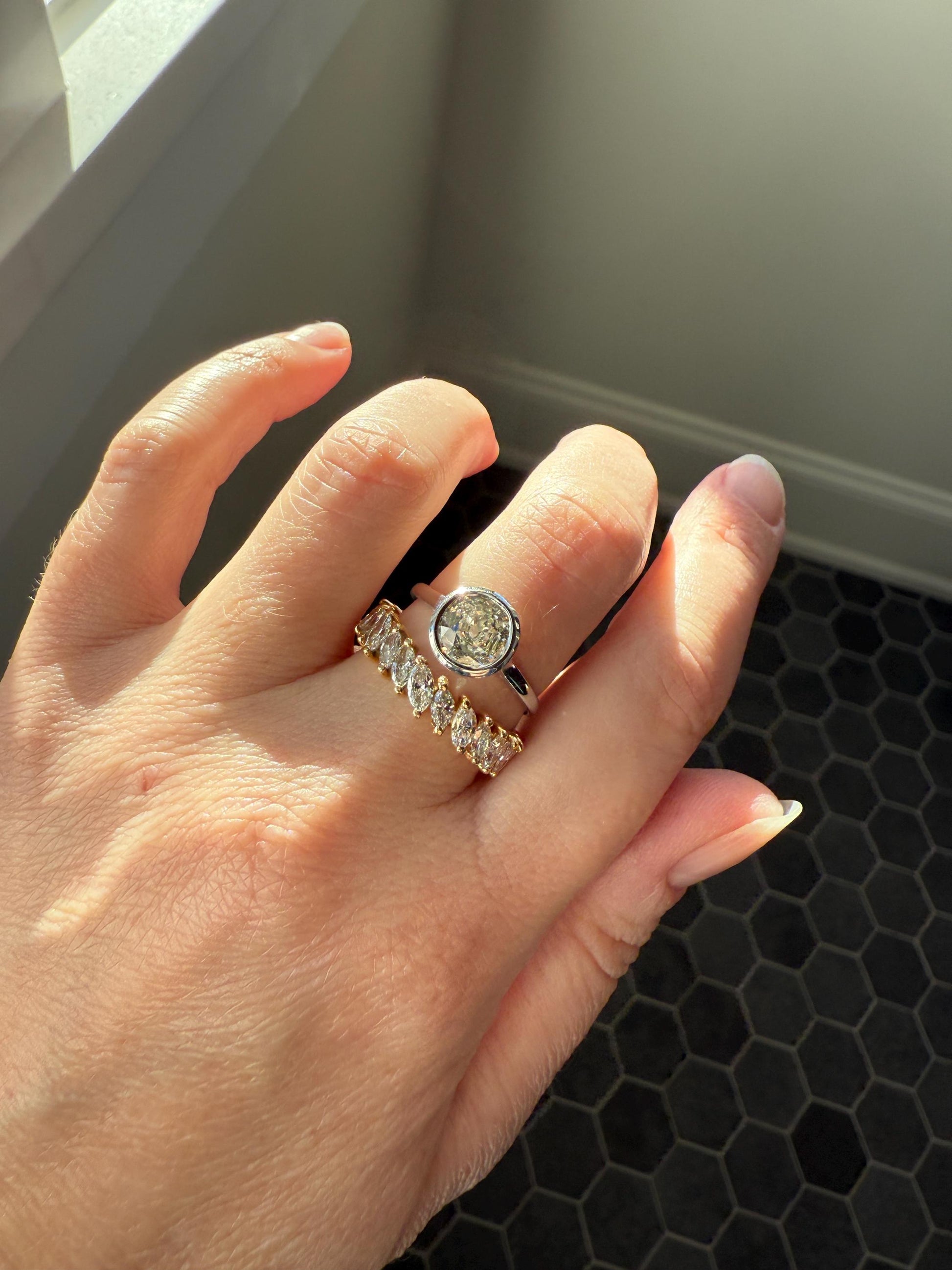 Vintage Two Carats Marquise Navette Cut DIAMOND Full Eternity Hoop Ring 18k Gold French Band Asymmetrical Angled Stacker