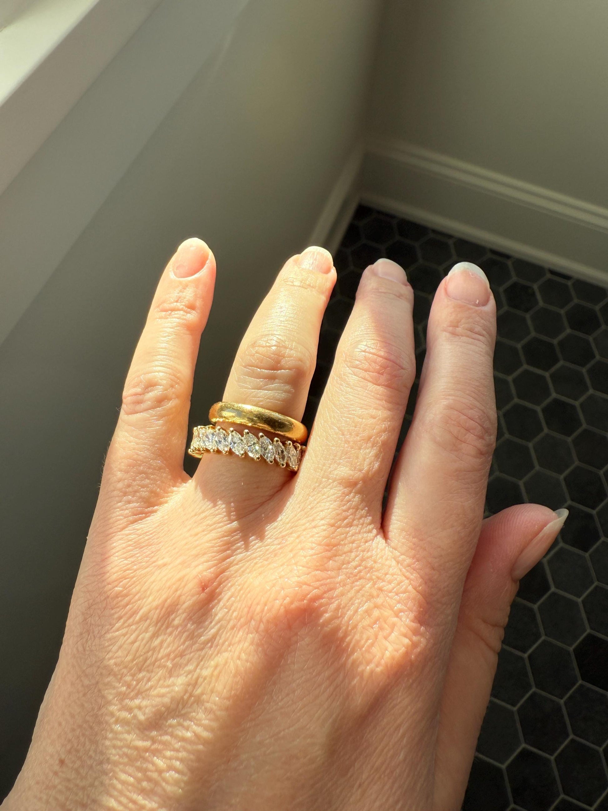 Vintage Two Carats Marquise Navette Cut DIAMOND Full Eternity Hoop Ring 18k Gold French Band Asymmetrical Angled Stacker