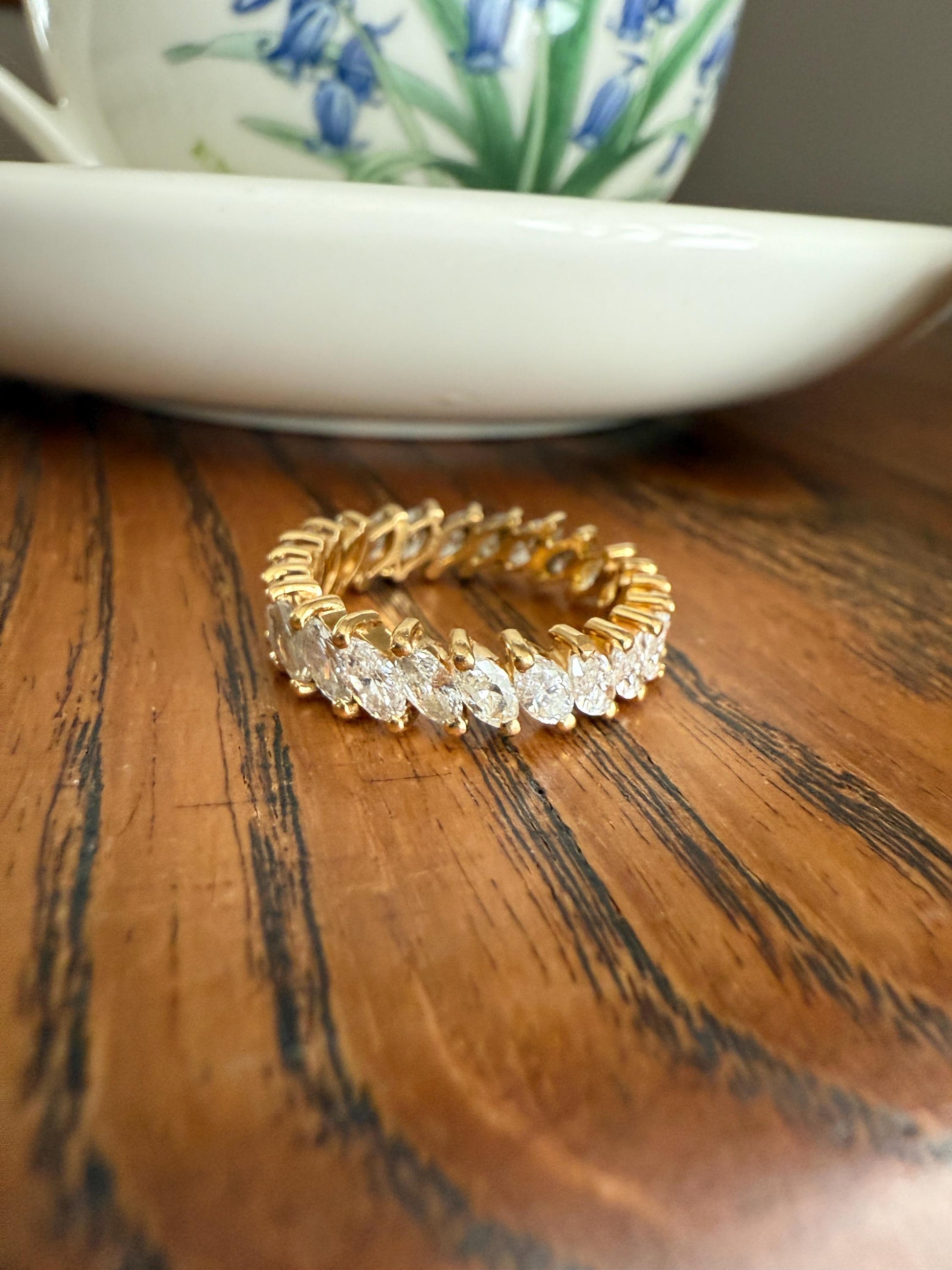 Vintage Two Carats Marquise Navette Cut DIAMOND Full Eternity Hoop Ring 18k Gold French Band Asymmetrical Angled Stacker