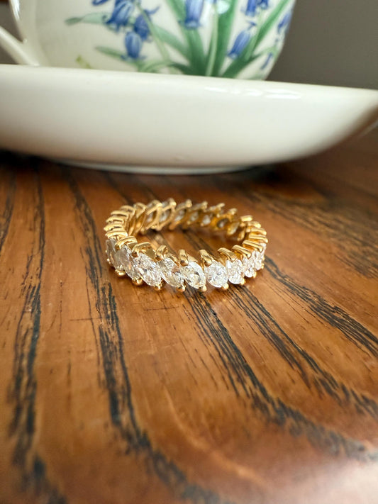 Vintage Two Carats Marquise Navette Cut DIAMOND Full Eternity Hoop Ring 18k Gold French Band Asymmetrical Angled Stacker