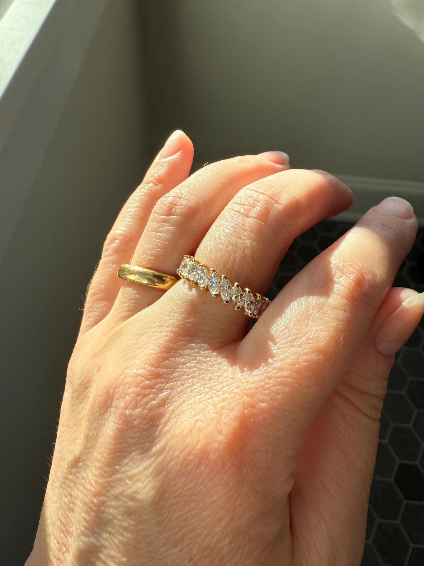 Vintage Two Carats Marquise Navette Cut DIAMOND Full Eternity Hoop Ring 18k Gold French Band Asymmetrical Angled Stacker