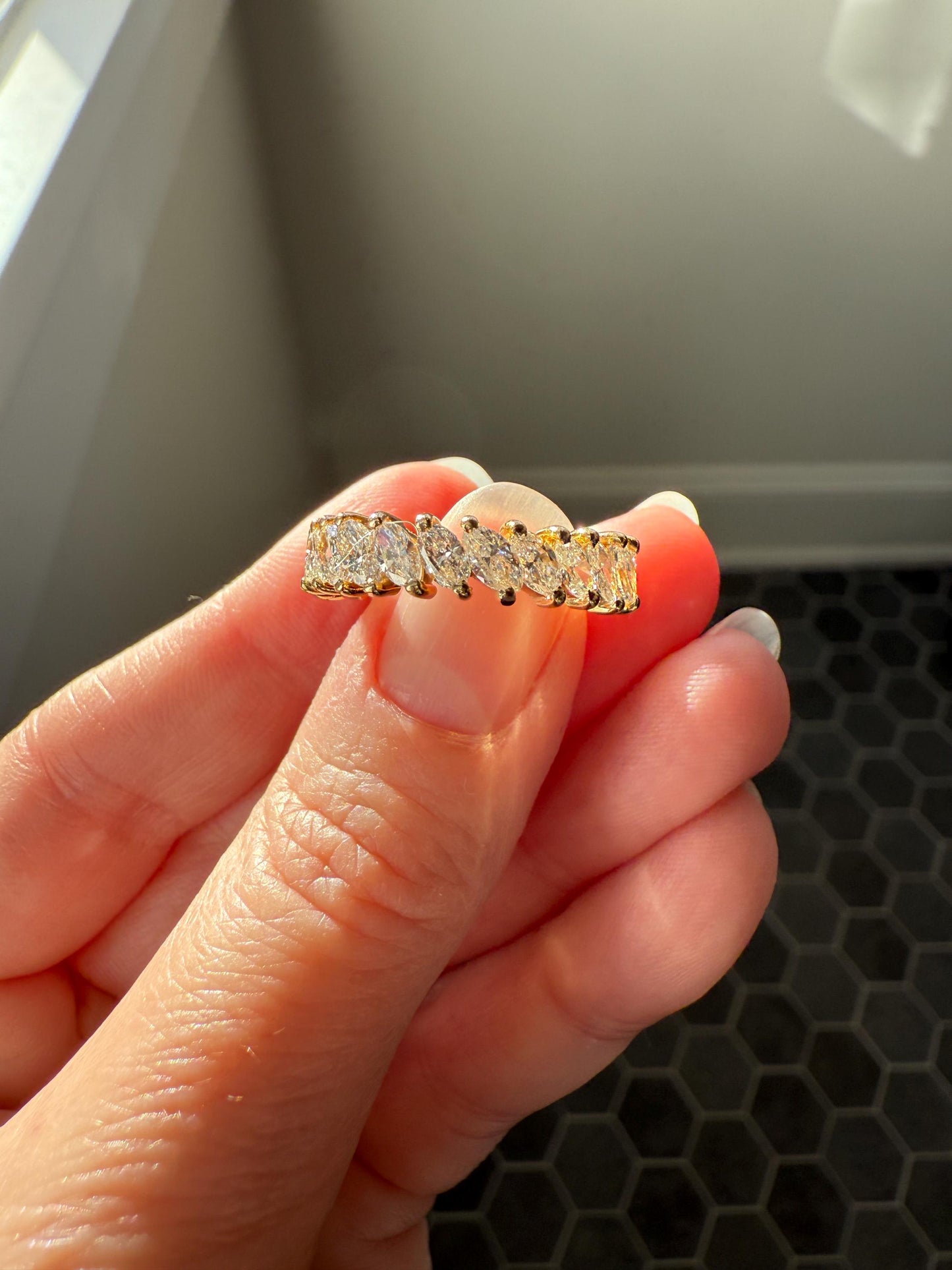 Vintage Two Carats Marquise Navette Cut DIAMOND Full Eternity Hoop Ring 18k Gold French Band Asymmetrical Angled Stacker