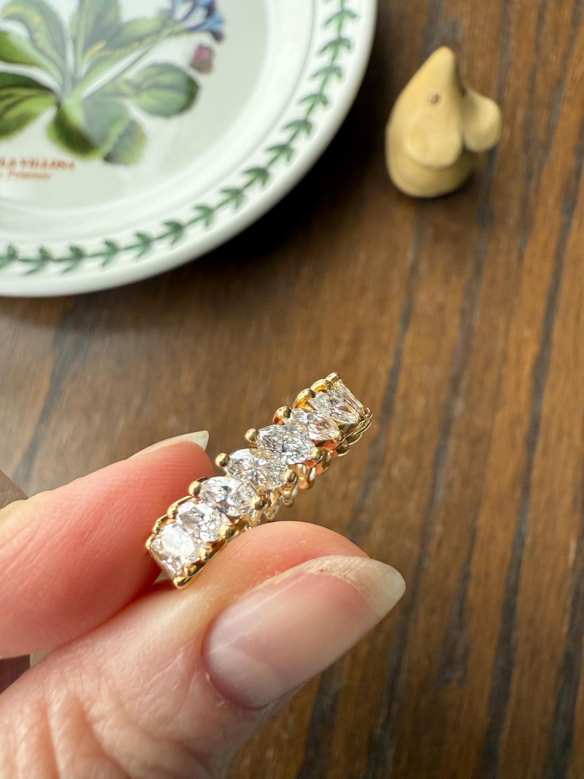 Vintage Two Carats Marquise Navette Cut DIAMOND Full Eternity Hoop Ring 18k Gold French Band Asymmetrical Angled Stacker