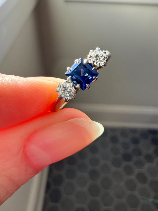 Antique Square SAPPHIRE Old European Cut DIAMOND Three Stone Ring Stacker Band 18k Gold Platinum Prong Set Art Deco Gift Stacker Blue