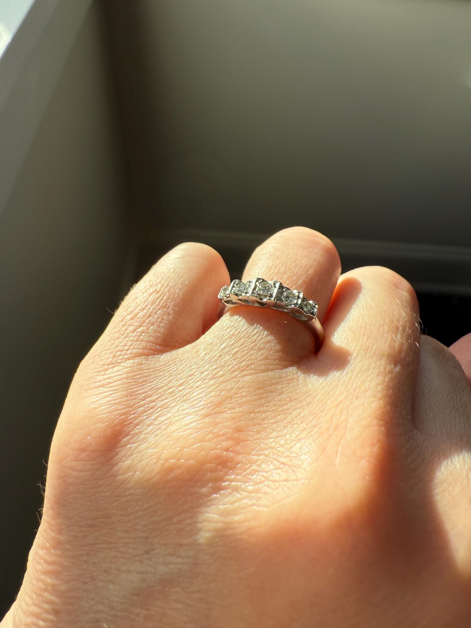 Vintage Five Stone .85 Carat Older Brilliant Cut DIAMOND Ring Stepped Squares Platinum Stacker Art Deco Geometric Band Tall Splay