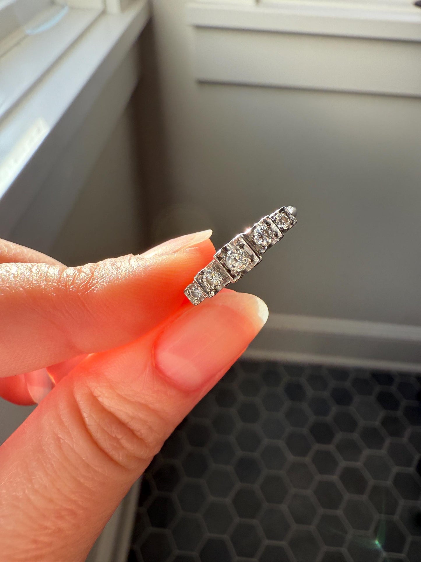 Vintage Five Stone .85 Carat Older Brilliant Cut DIAMOND Ring Stepped Squares Platinum Stacker Art Deco Geometric Band Tall Splay