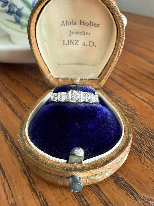 Vintage Five Stone .85 Carat Older Brilliant Cut DIAMOND Ring Stepped Squares Platinum Stacker Art Deco Geometric Band Tall Splay