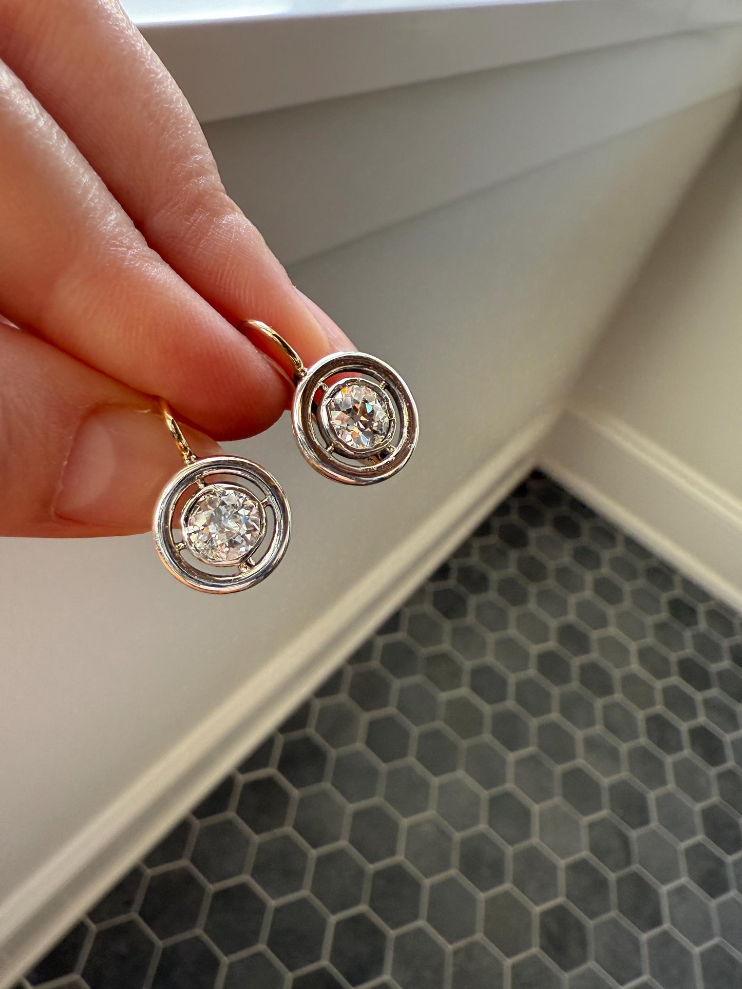 Boxed Antique Eye Clean 1.85 Carat Old Mine Cut DIAMOND Dormeuse Earrings Bezel Set in Circle Halo 17k Gold Silver Dangle Bullseye Gift 18k