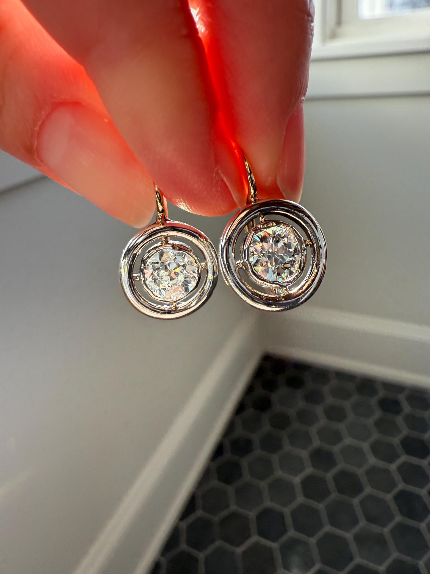 Boxed Antique Eye Clean 1.85 Carat Old Mine Cut DIAMOND Dormeuse Earrings Bezel Set in Circle Halo 17k Gold Silver Dangle Bullseye Gift 18k