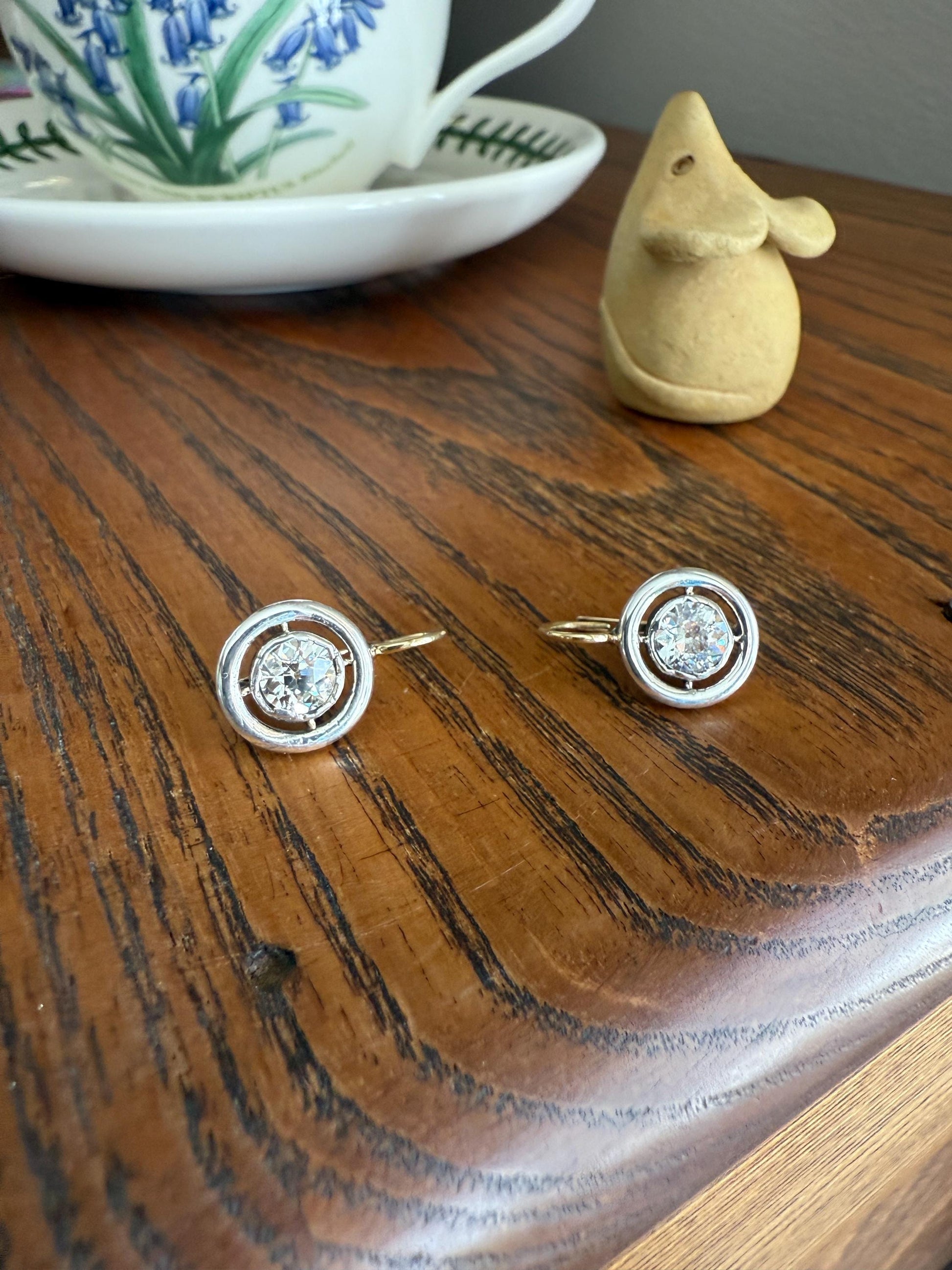 Boxed Antique Eye Clean 1.85 Carat Old Mine Cut DIAMOND Dormeuse Earrings Bezel Set in Circle Halo 17k Gold Silver Dangle Bullseye Gift 18k