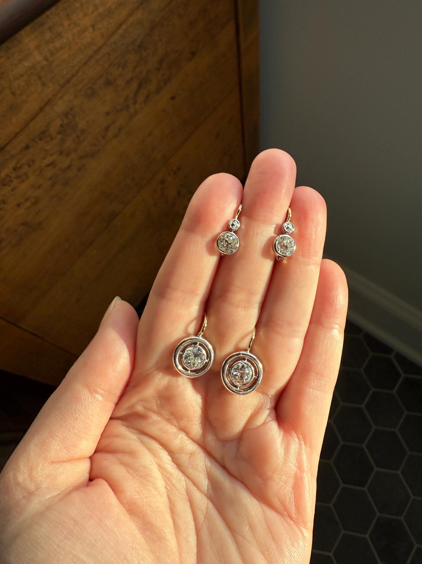 Boxed Antique Eye Clean 1.85 Carat Old Mine Cut DIAMOND Dormeuse Earrings Bezel Set in Circle Halo 17k Gold Silver Dangle Bullseye Gift 18k