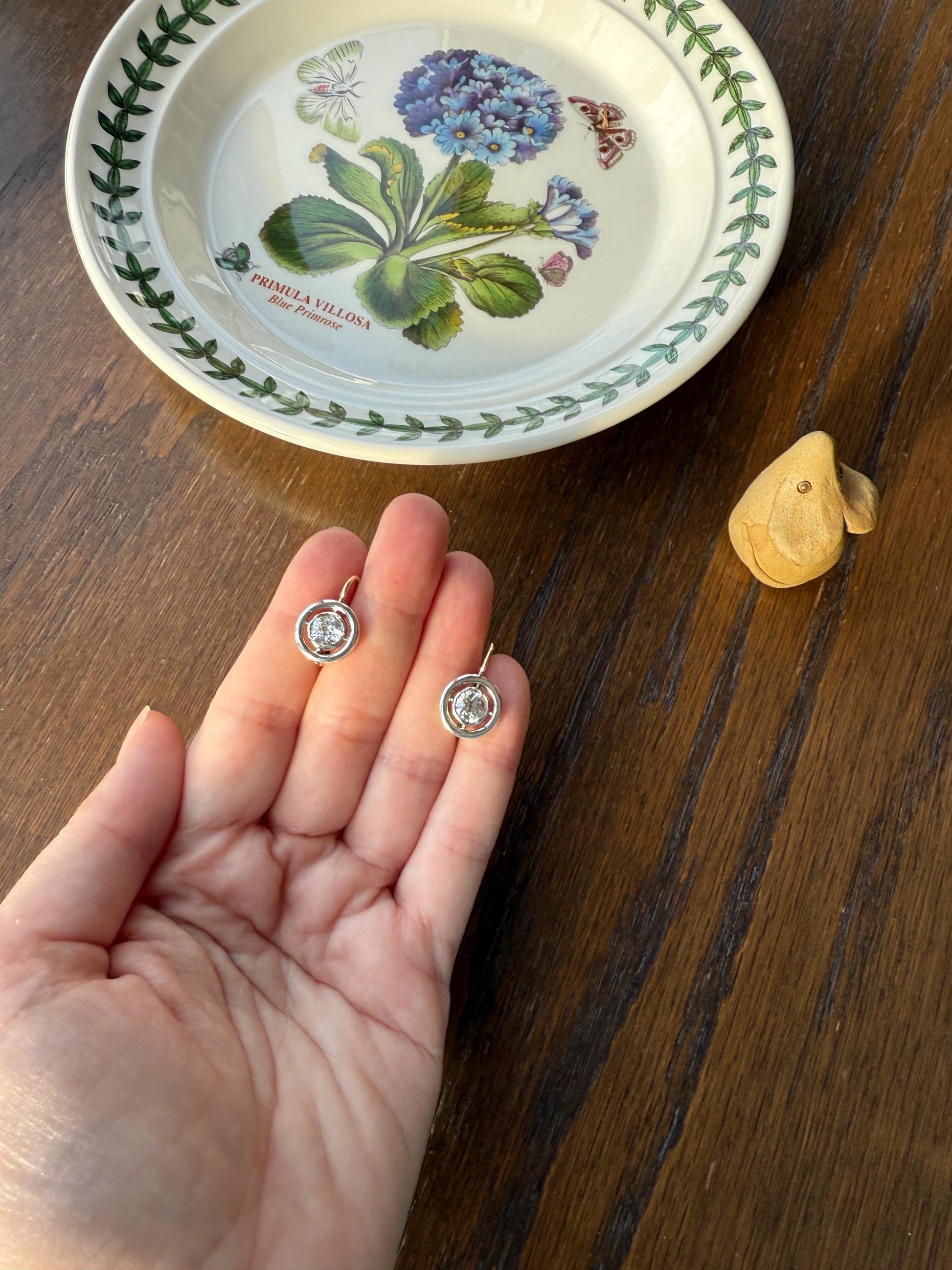 Boxed Antique Eye Clean 1.85 Carat Old Mine Cut DIAMOND Dormeuse Earrings Bezel Set in Circle Halo 17k Gold Silver Dangle Bullseye Gift 18k