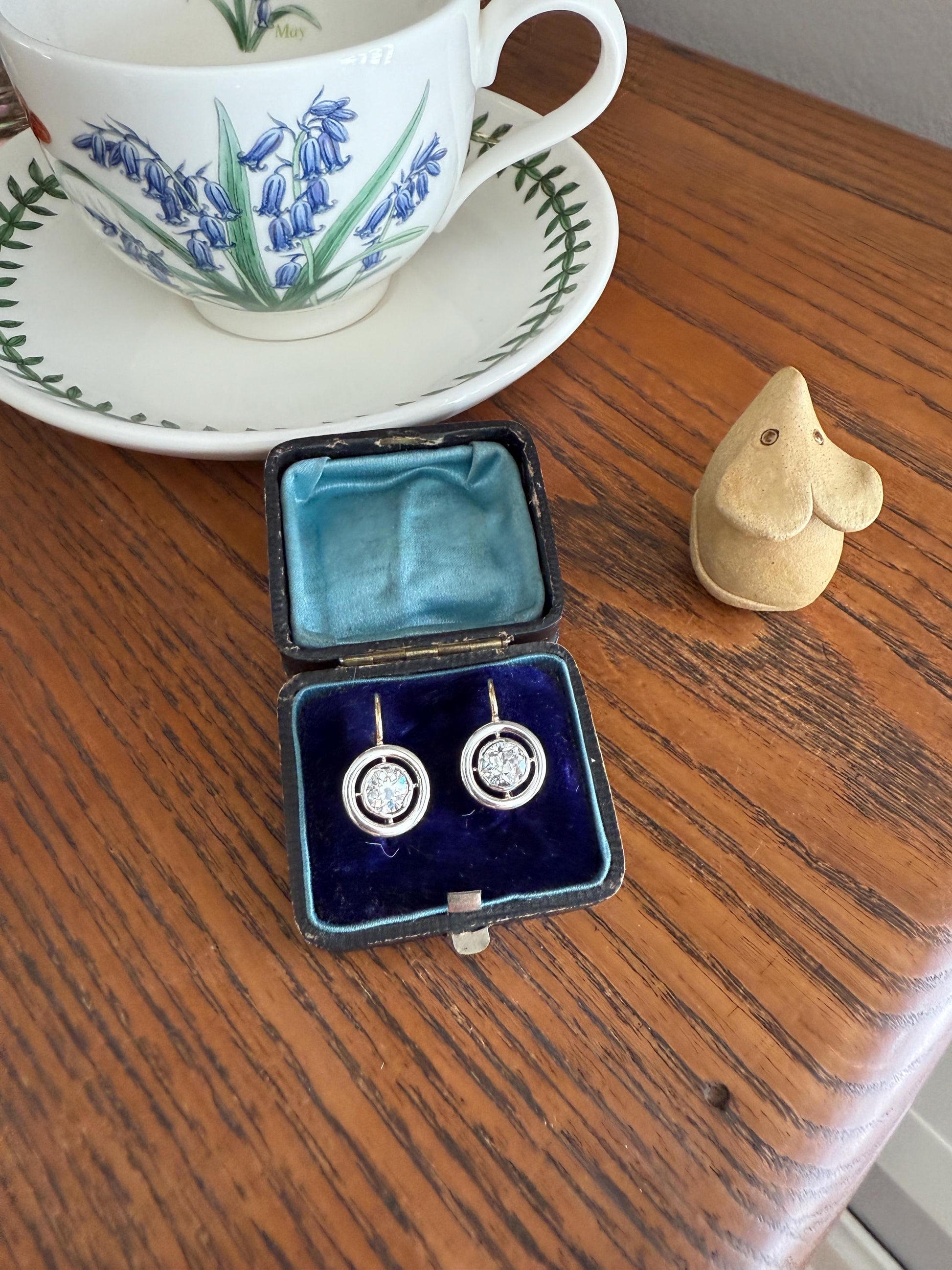 Boxed Antique Eye Clean 1.85 Carat Old Mine Cut DIAMOND Dormeuse Earrings Bezel Set in Circle Halo 17k Gold Silver Dangle Bullseye Gift 18k