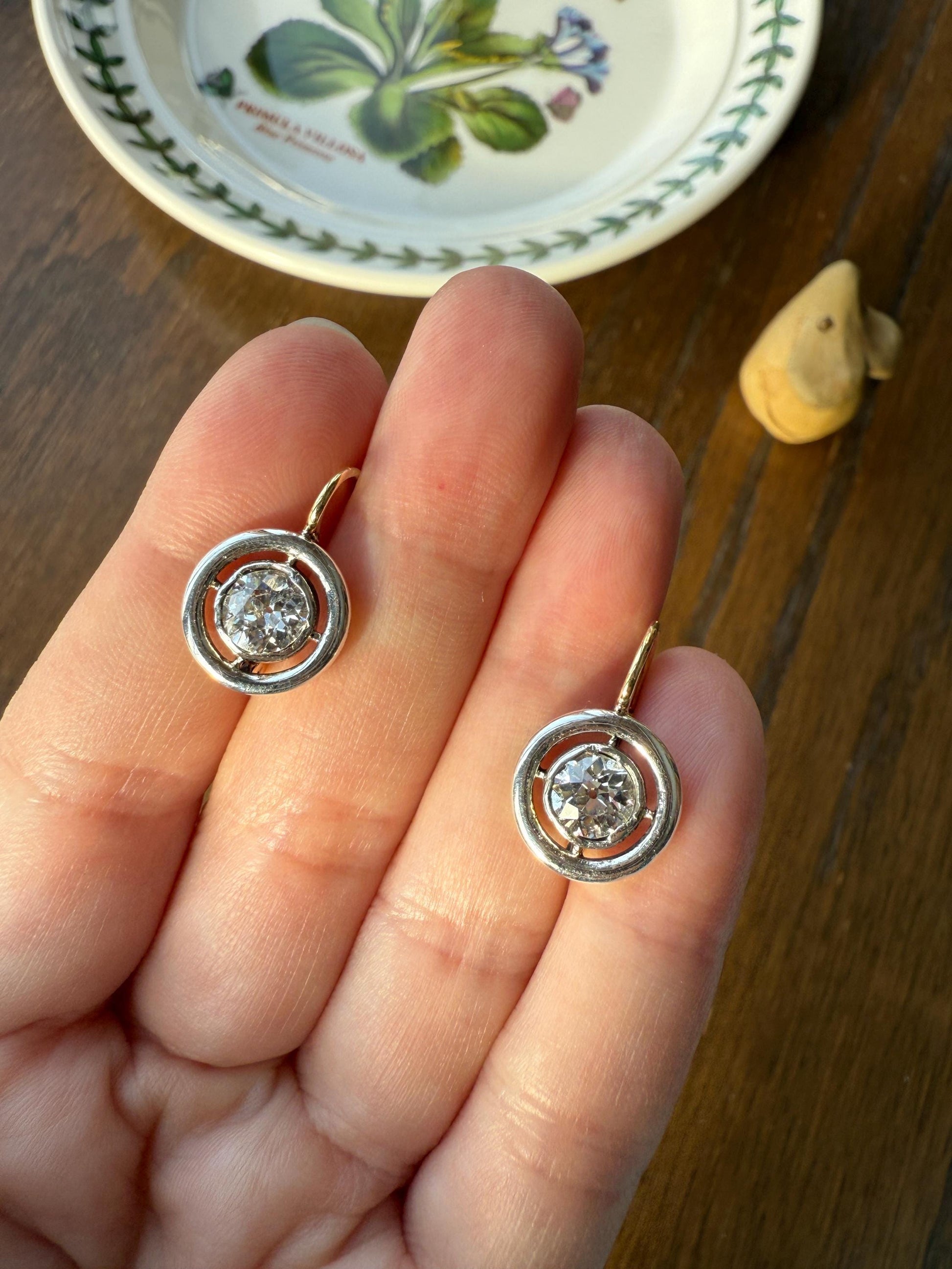 Boxed Antique Eye Clean 1.85 Carat Old Mine Cut DIAMOND Dormeuse Earrings Bezel Set in Circle Halo 17k Gold Silver Dangle Bullseye Gift 18k