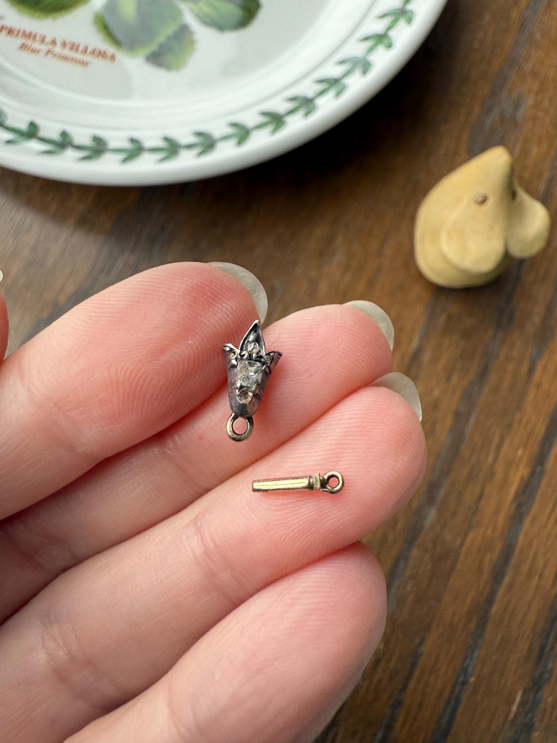 Teensy Tiny TULIP Antique Georgian Era Clasp Extender Connector 14k Gold Old Mine Rose Cut Diamond Silver Figural Necklace Bracelet Parts