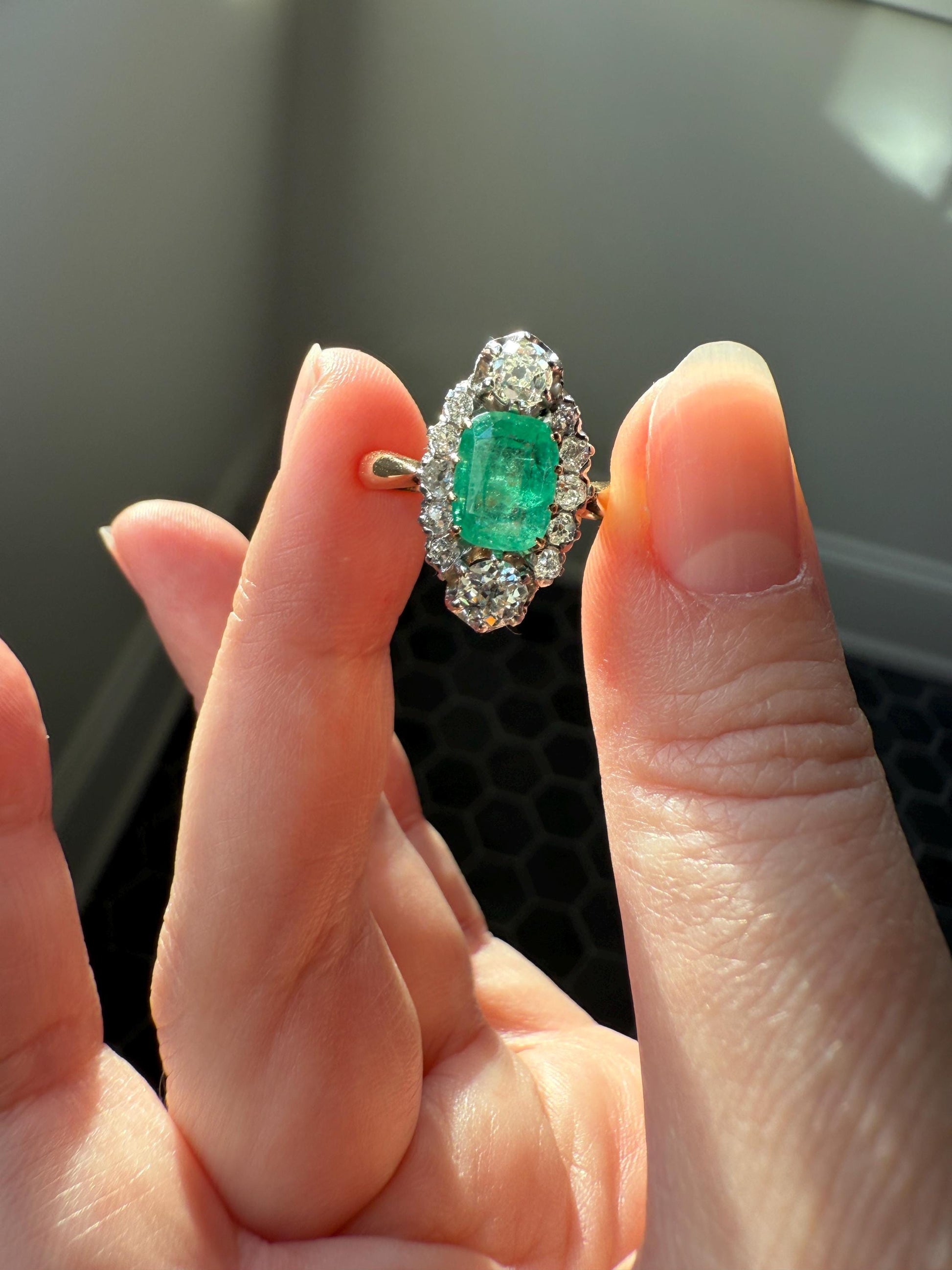 Boxed French Antique Natural Zambia EMERALD w/ Cert & 1.1Ctw Old Mine Cut DIAMOND Halo Ring 18k Gold Platinum Green Belle Epoque Gift OMC