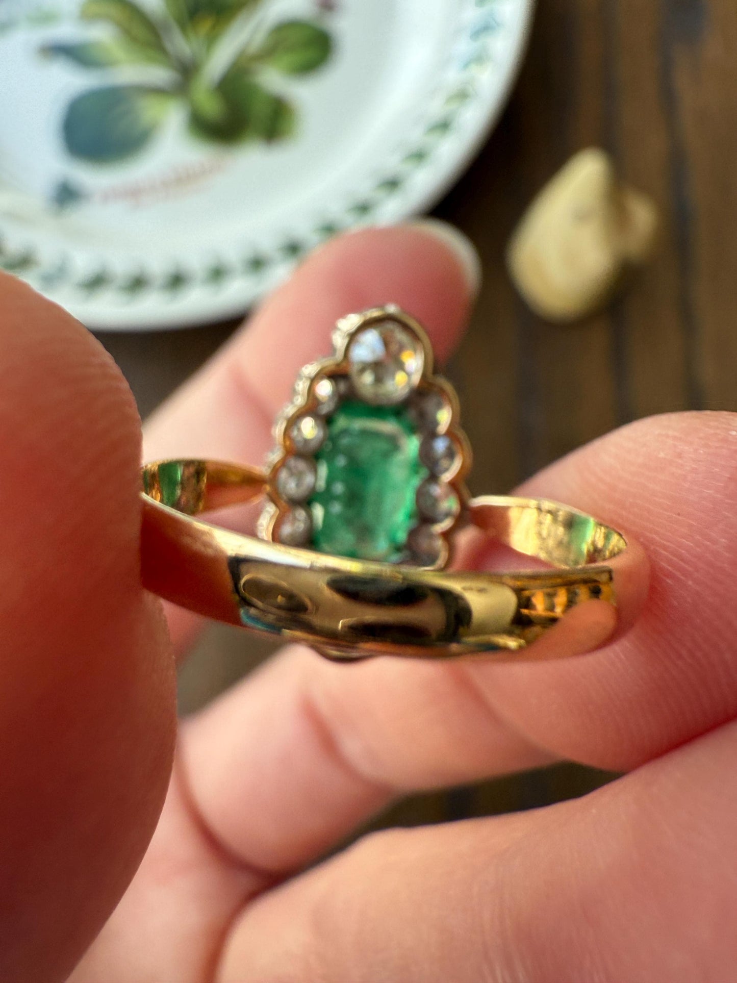 Boxed French Antique Natural Zambia EMERALD w/ Cert & 1.1Ctw Old Mine Cut DIAMOND Halo Ring 18k Gold Platinum Green Belle Epoque Gift OMC