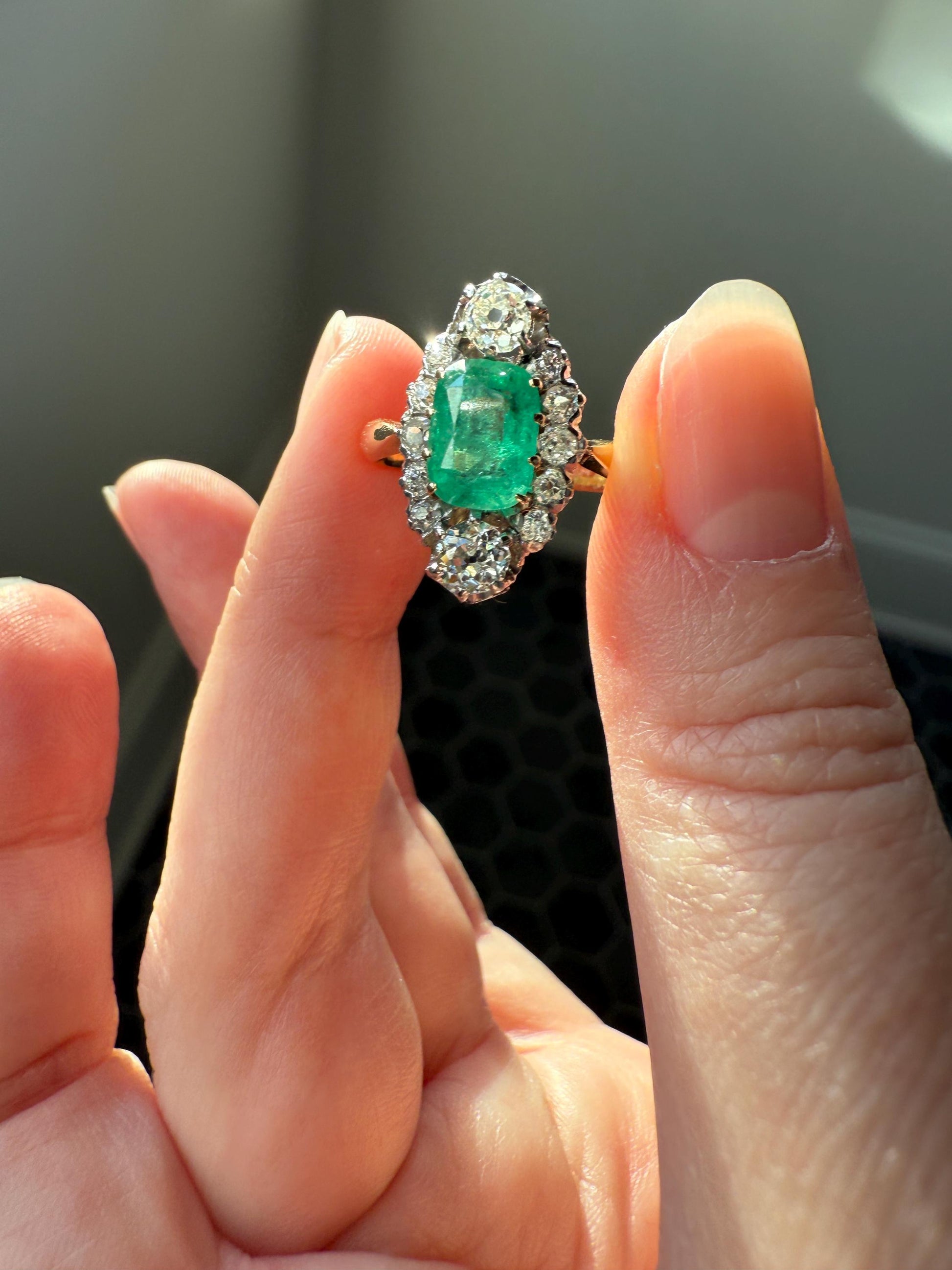 Boxed French Antique Natural Zambia EMERALD w/ Cert & 1.1Ctw Old Mine Cut DIAMOND Halo Ring 18k Gold Platinum Green Belle Epoque Gift OMC