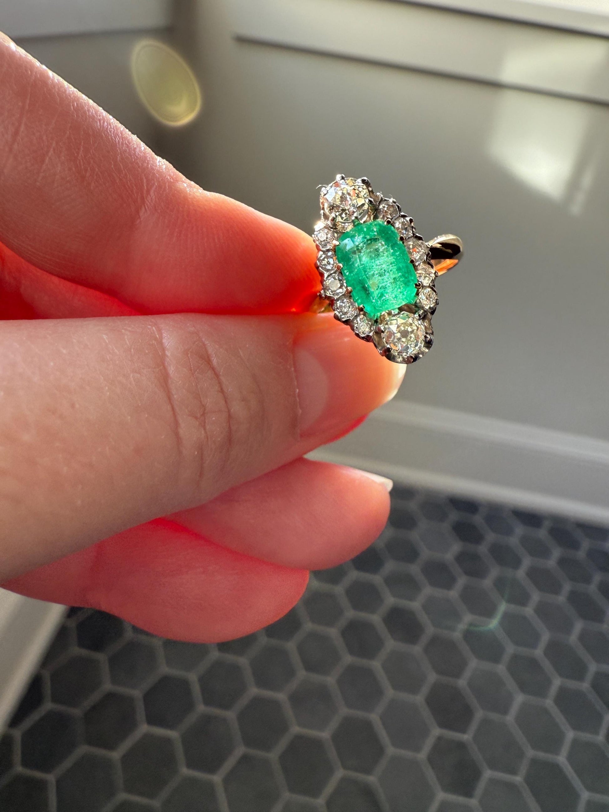 Boxed French Antique Natural Zambia EMERALD w/ Cert & 1.1Ctw Old Mine Cut DIAMOND Halo Ring 18k Gold Platinum Green Belle Epoque Gift OMC