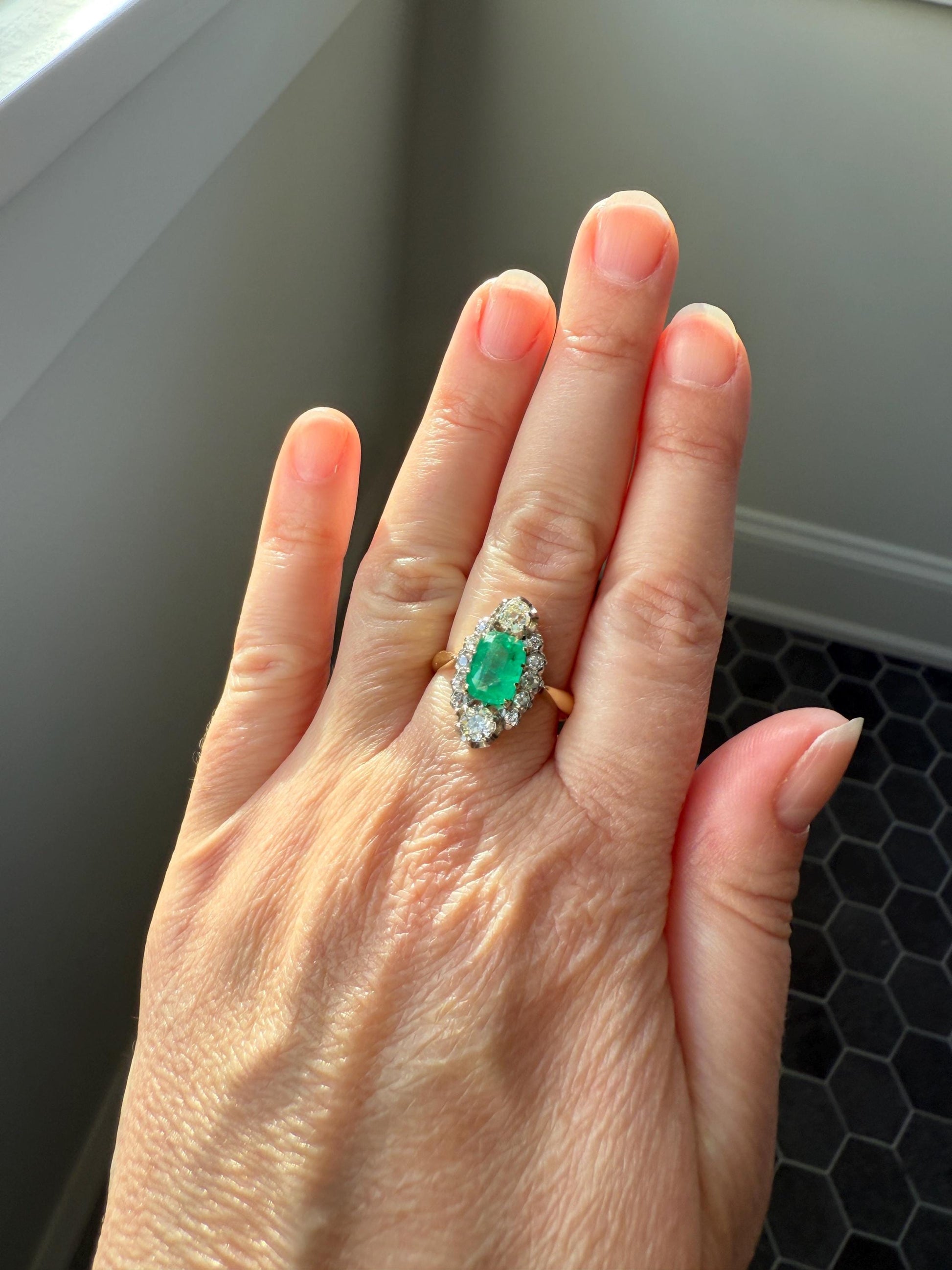 Boxed French Antique Natural Zambia EMERALD w/ Cert & 1.1Ctw Old Mine Cut DIAMOND Halo Ring 18k Gold Platinum Green Belle Epoque Gift OMC