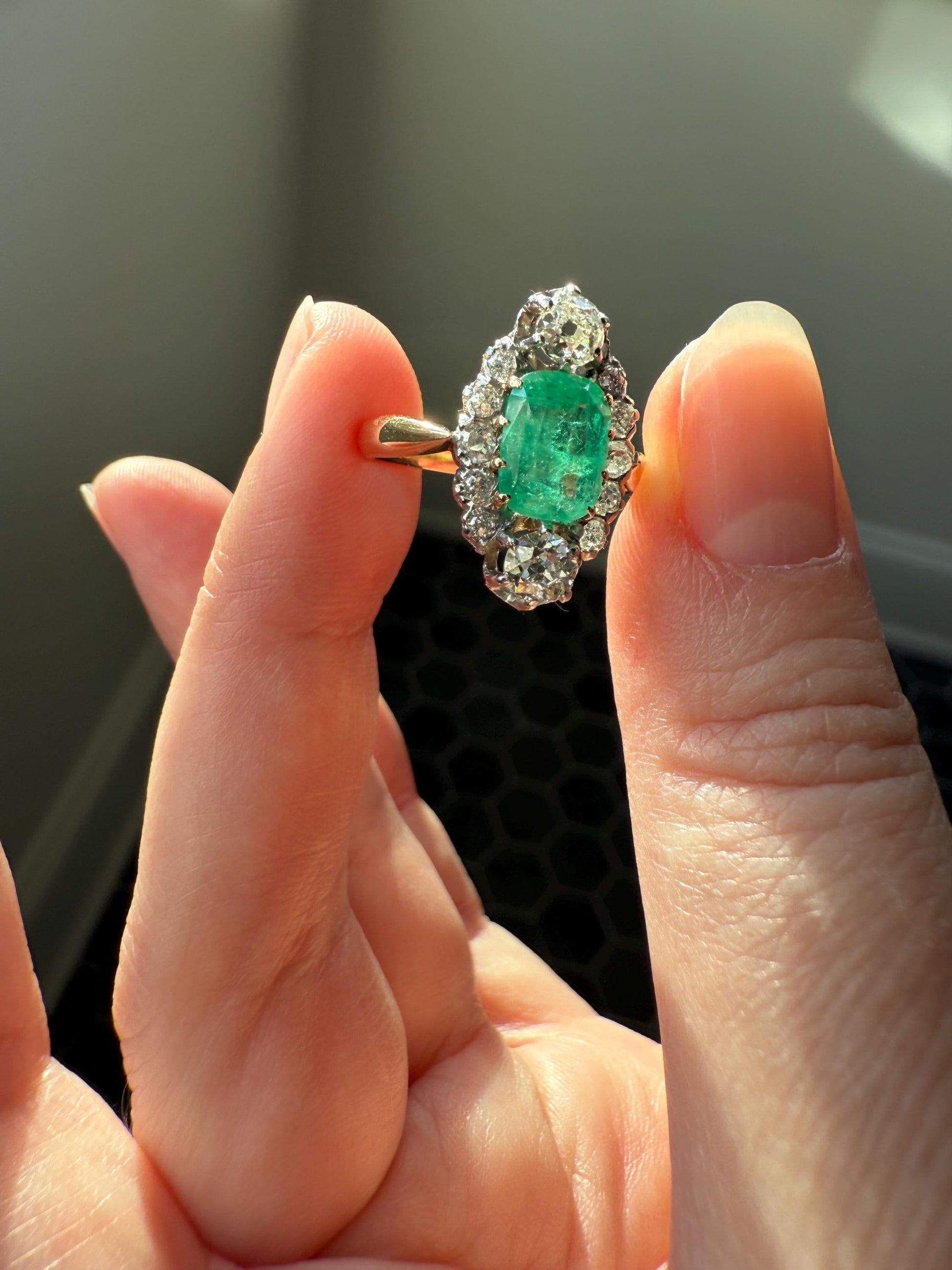 Boxed French Antique Natural Zambia EMERALD w/ Cert & 1.1Ctw Old Mine Cut DIAMOND Halo Ring 18k Gold Platinum Green Belle Epoque Gift OMC