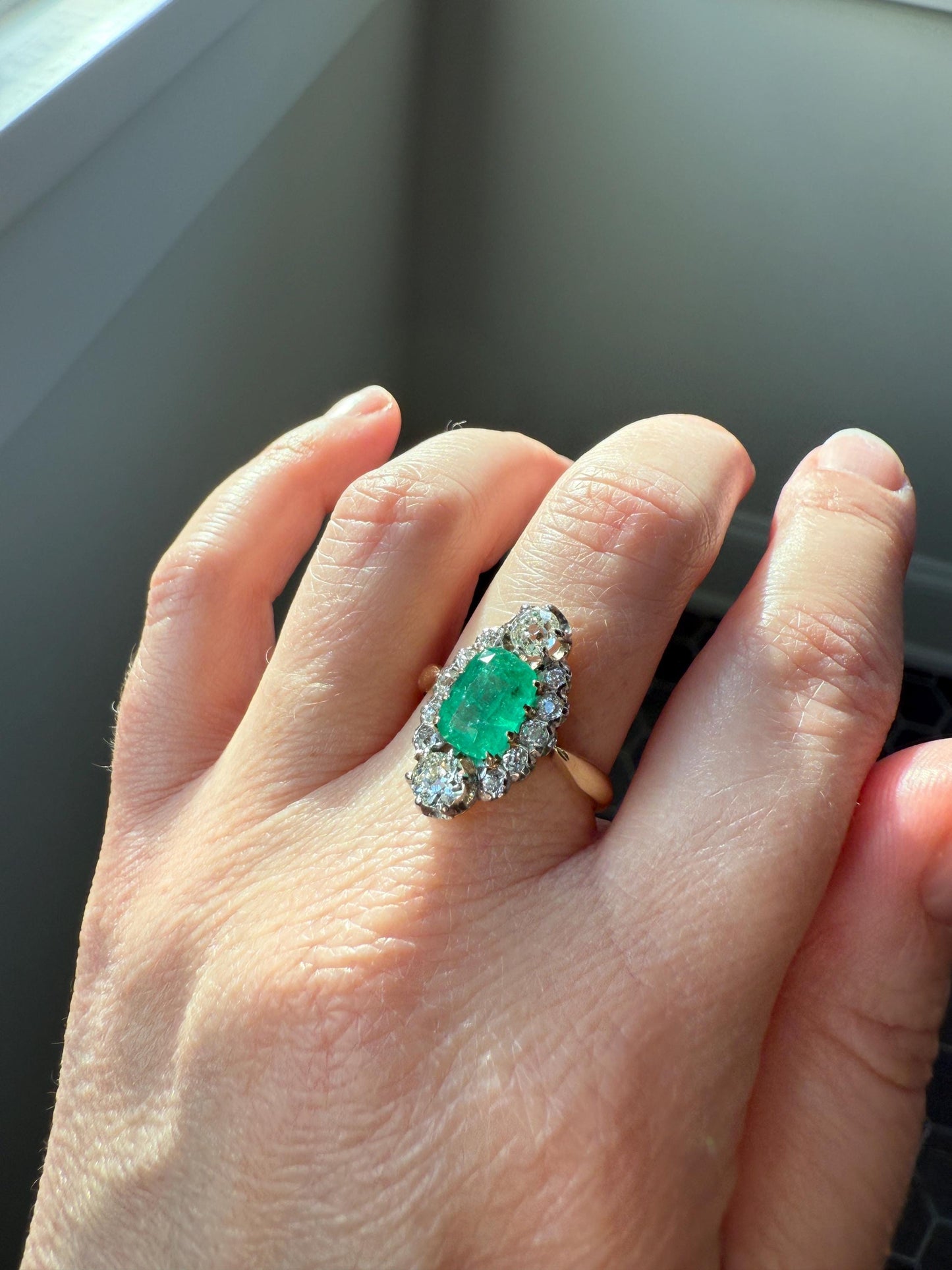 Boxed French Antique Natural Zambia EMERALD w/ Cert & 1.1Ctw Old Mine Cut DIAMOND Halo Ring 18k Gold Platinum Green Belle Epoque Gift OMC