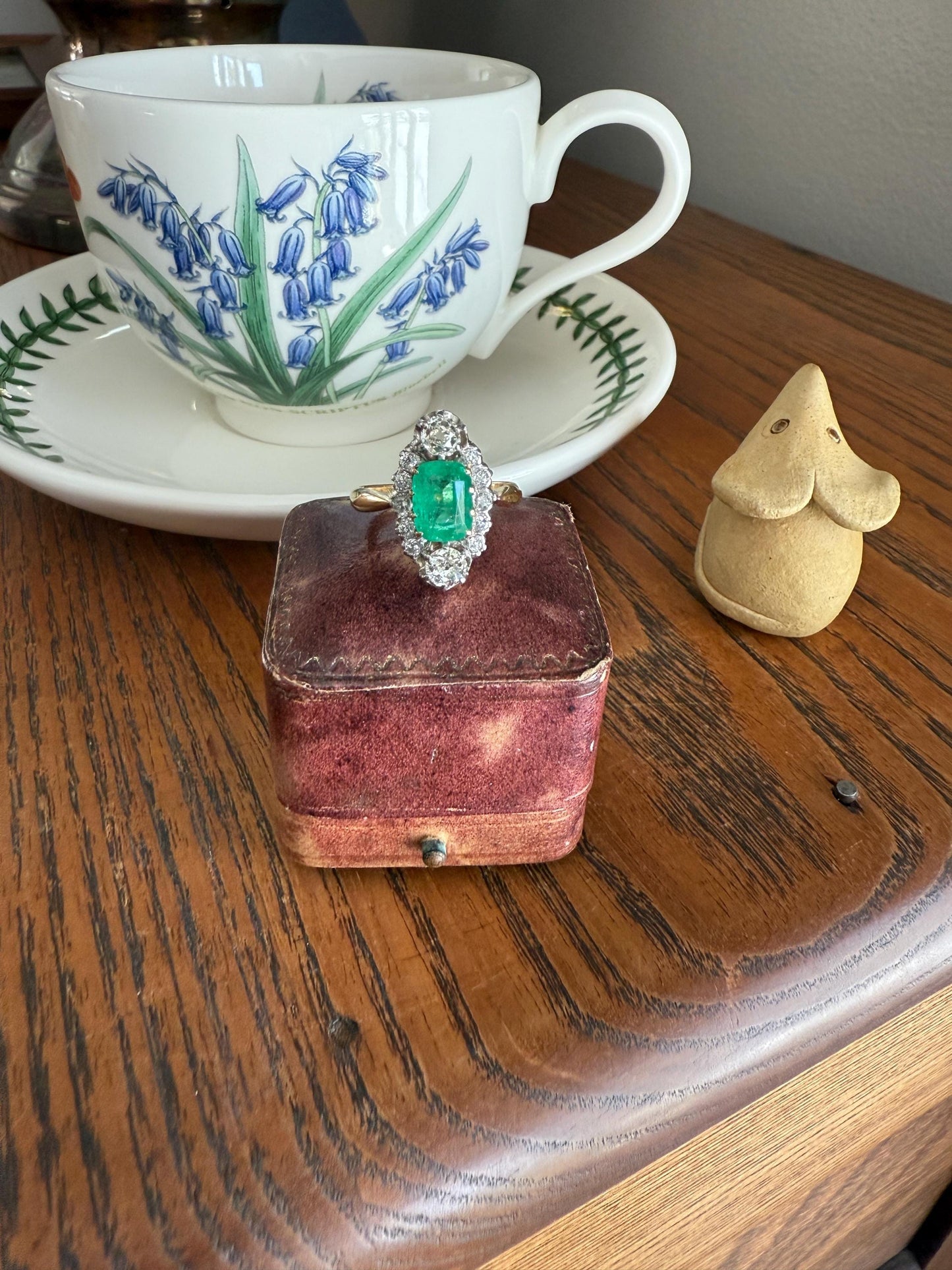 Boxed French Antique Natural Zambia EMERALD w/ Cert & 1.1Ctw Old Mine Cut DIAMOND Halo Ring 18k Gold Platinum Green Belle Epoque Gift OMC