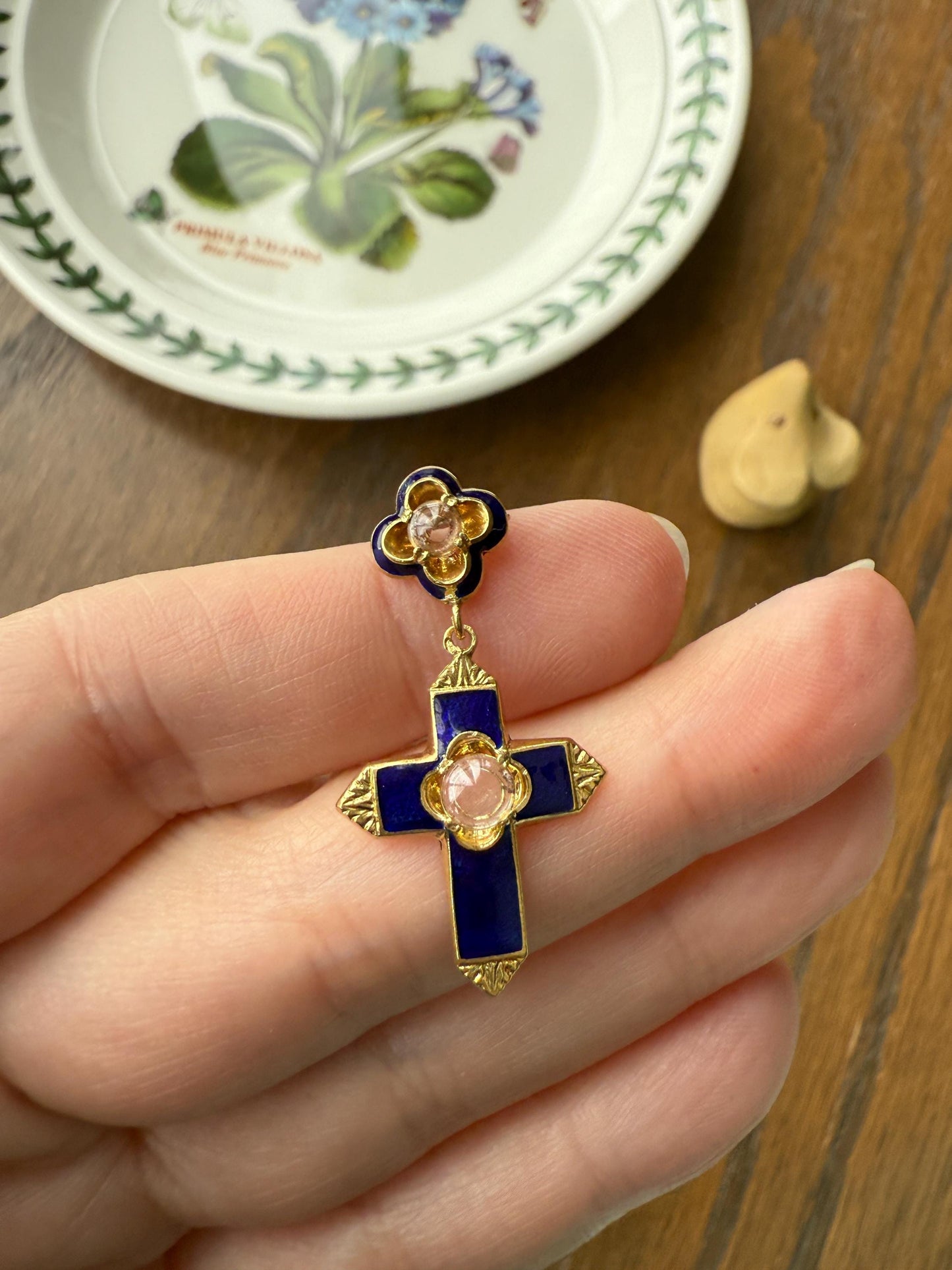 Antique CROSS Pendant French Victorian Cobalt Blue ENAMEL 18k Gold Paste Bead Locket ? Compartment Faceted Split Ring Religious Gift