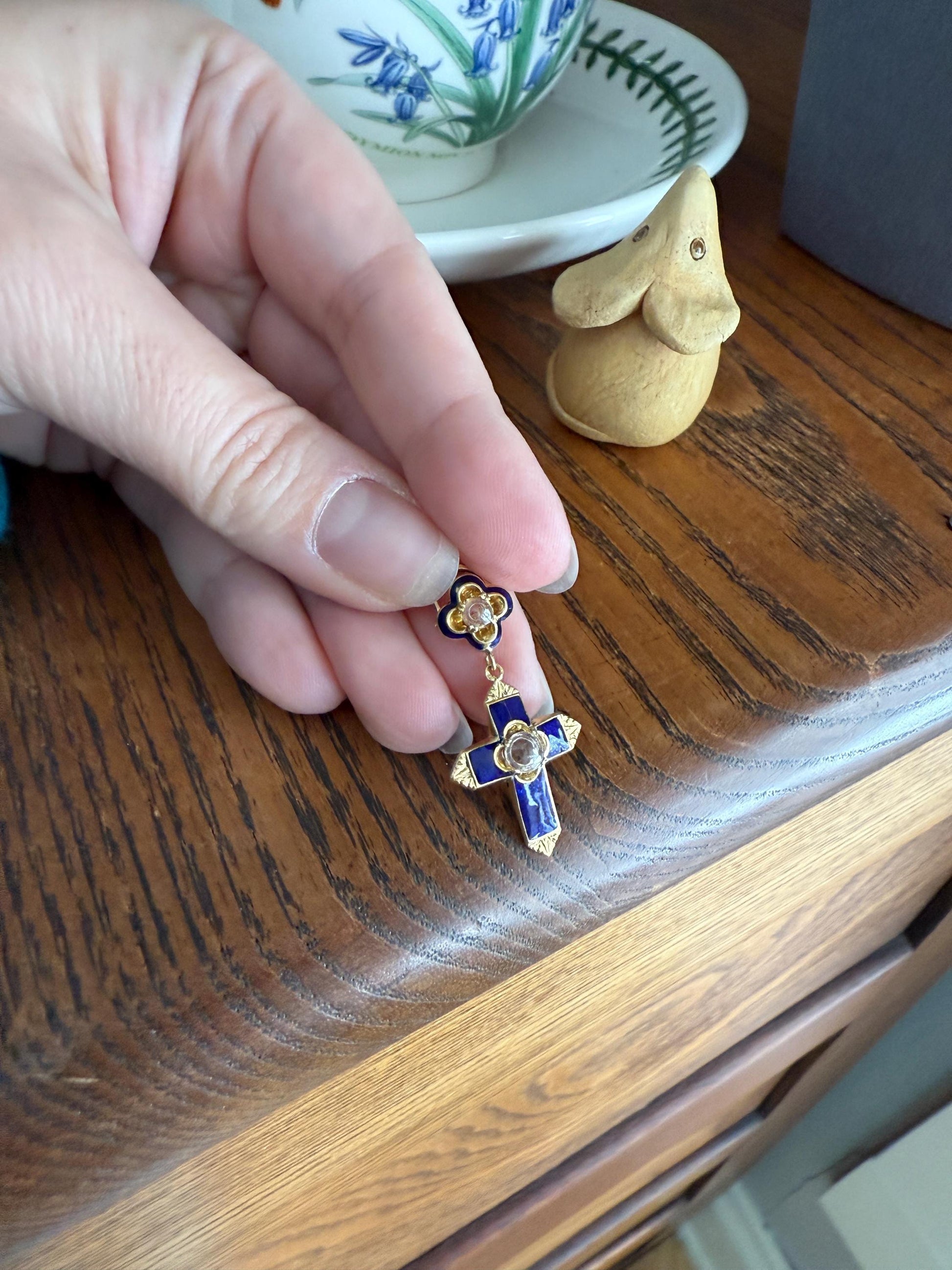 Antique CROSS Pendant French Victorian Cobalt Blue ENAMEL 18k Gold Paste Bead Locket ? Compartment Faceted Split Ring Religious Gift
