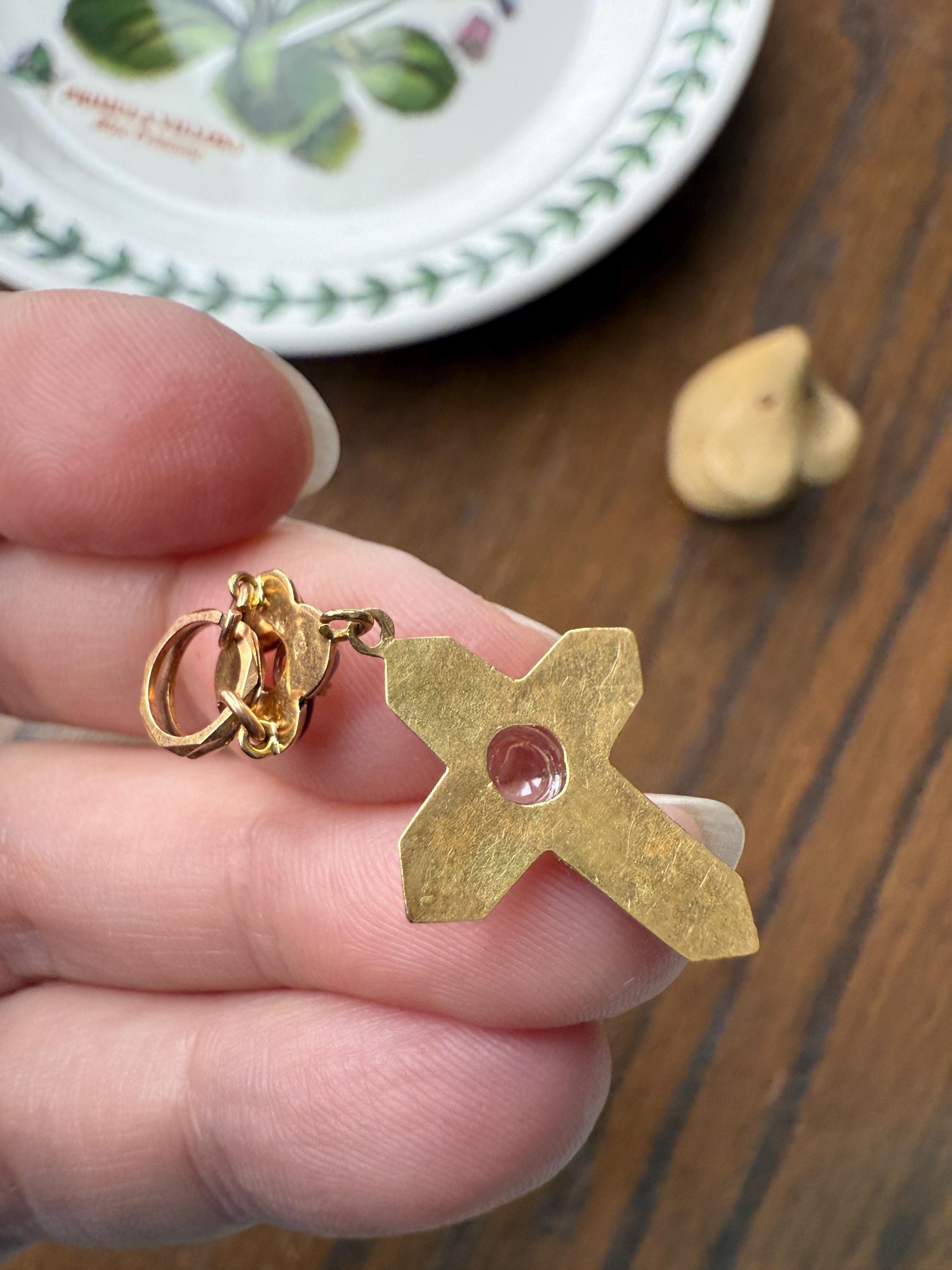 Antique CROSS Pendant French Victorian Cobalt Blue ENAMEL 18k Gold Paste Bead Locket ? Compartment Faceted Split Ring Religious Gift