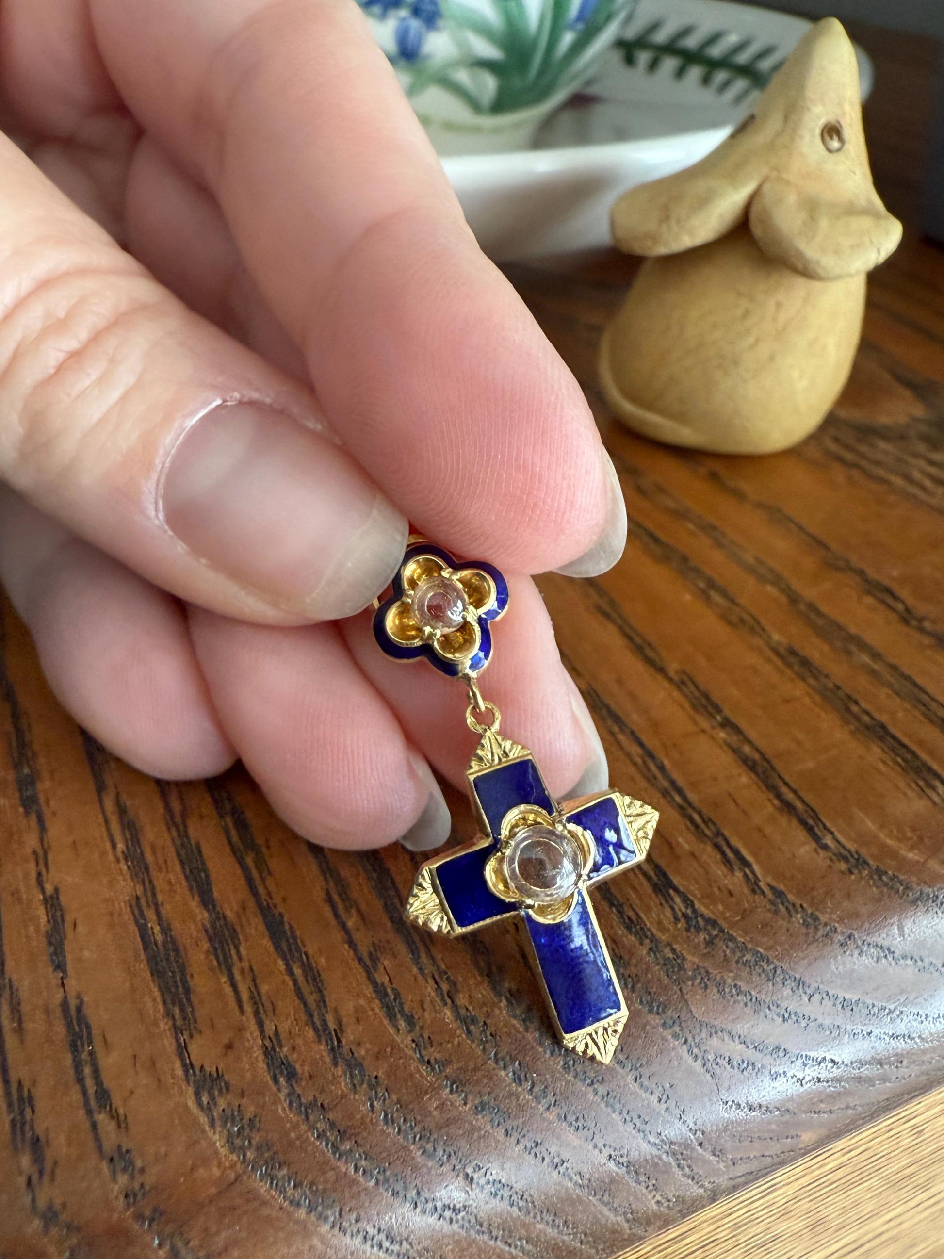 Antique CROSS Pendant French Victorian Cobalt Blue ENAMEL 18k Gold Paste Bead Locket ? Compartment Faceted Split Ring Religious Gift
