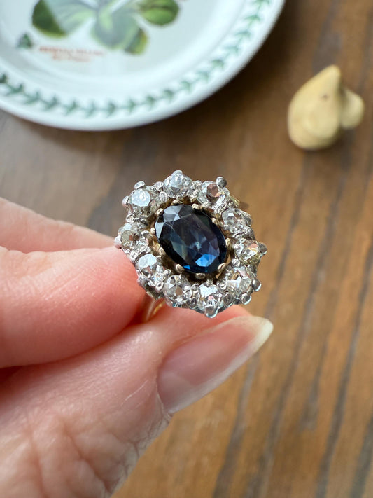 Vintage Natural SAPPHIRE Blue Antique 1.25 Carat Tdw Old Mine Cut DIAMOND Chunky Halo Ring 18k Gold 1.25Ctw OMC