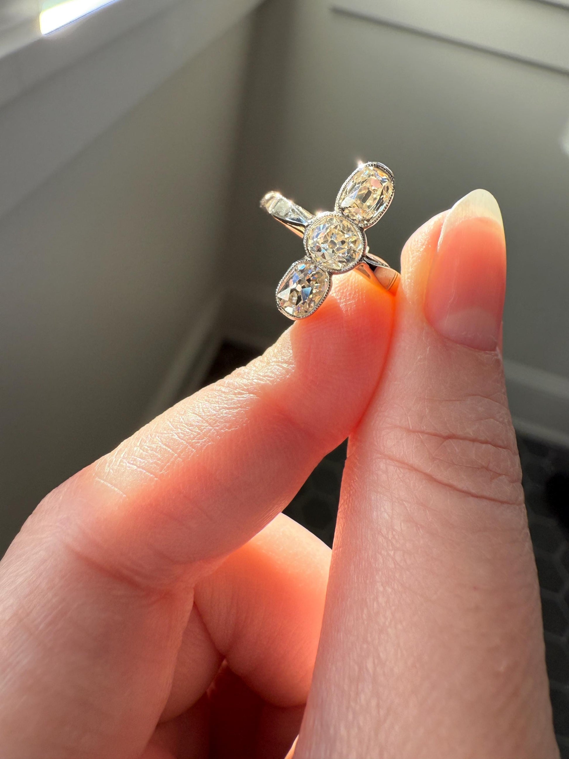 LINEAR 1.7 Carat Elongated Old Mine Cut DIAMONDS Oval & Round Three Stone Ring Chunky French ANTIQUE 18k Gold Unique Bezel Set