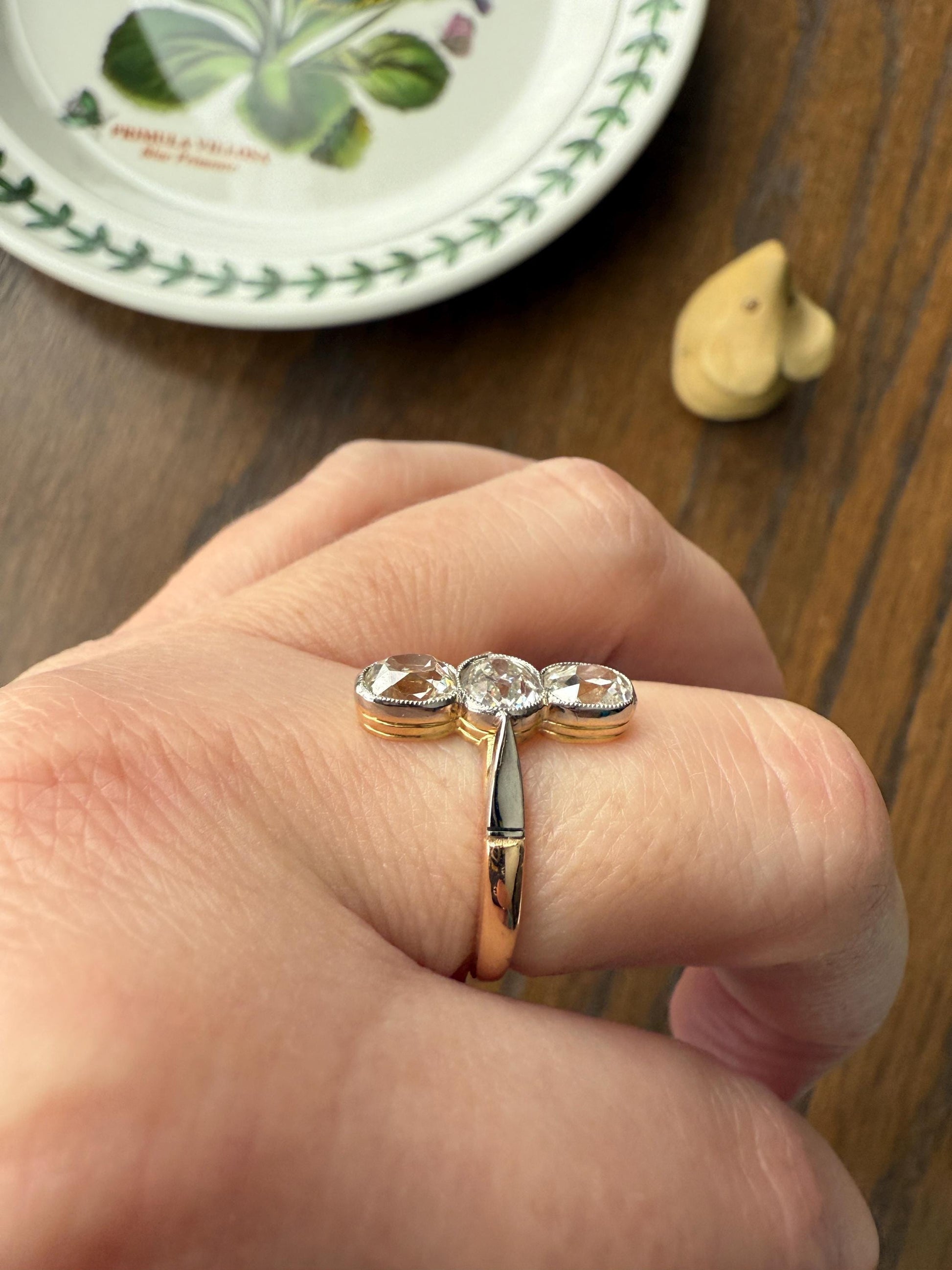 LINEAR 1.7 Carat Elongated Old Mine Cut DIAMONDS Oval & Round Three Stone Ring Chunky French ANTIQUE 18k Gold Unique Bezel Set