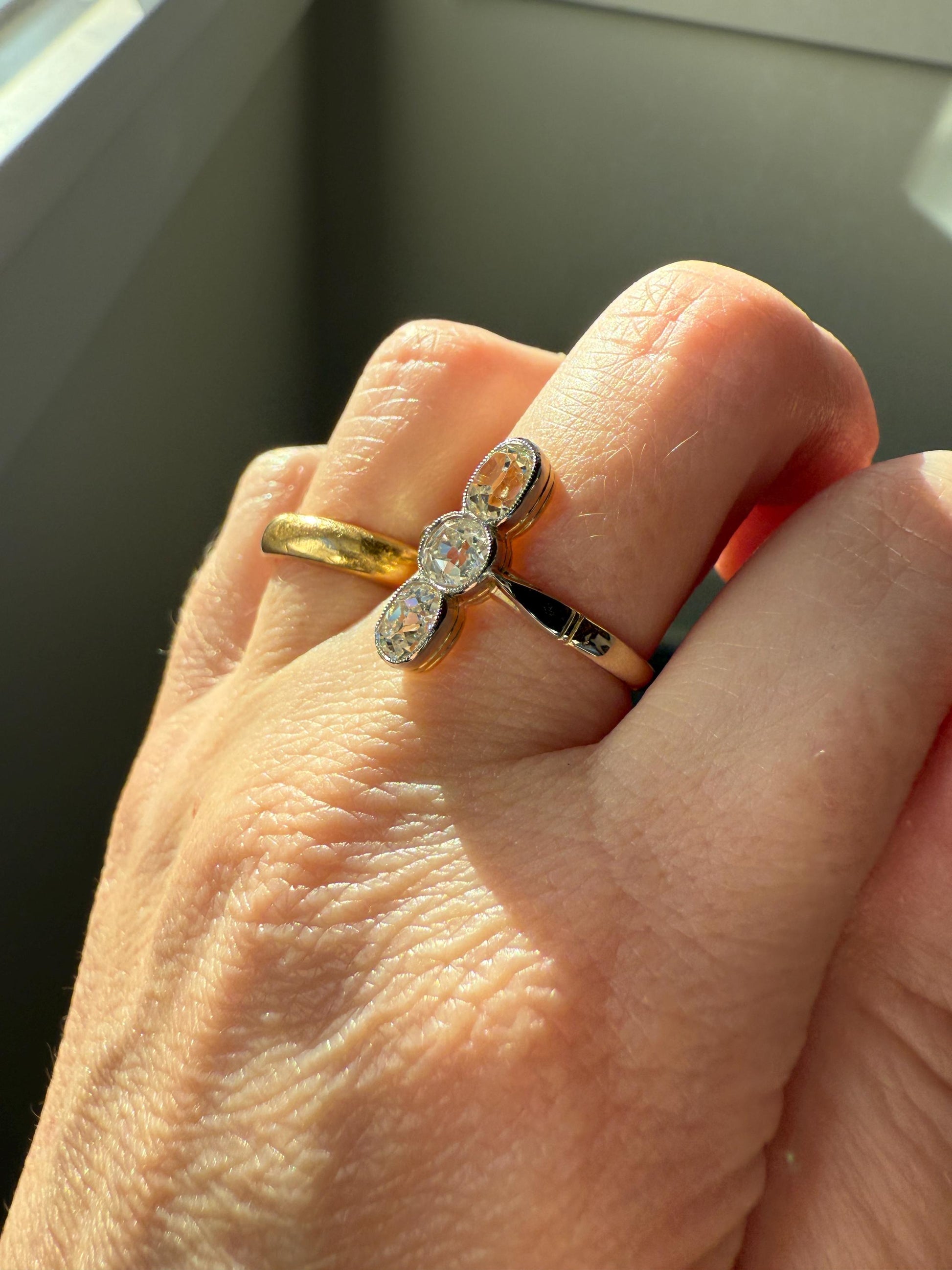 LINEAR 1.7 Carat Elongated Old Mine Cut DIAMONDS Oval & Round Three Stone Ring Chunky French ANTIQUE 18k Gold Unique Bezel Set