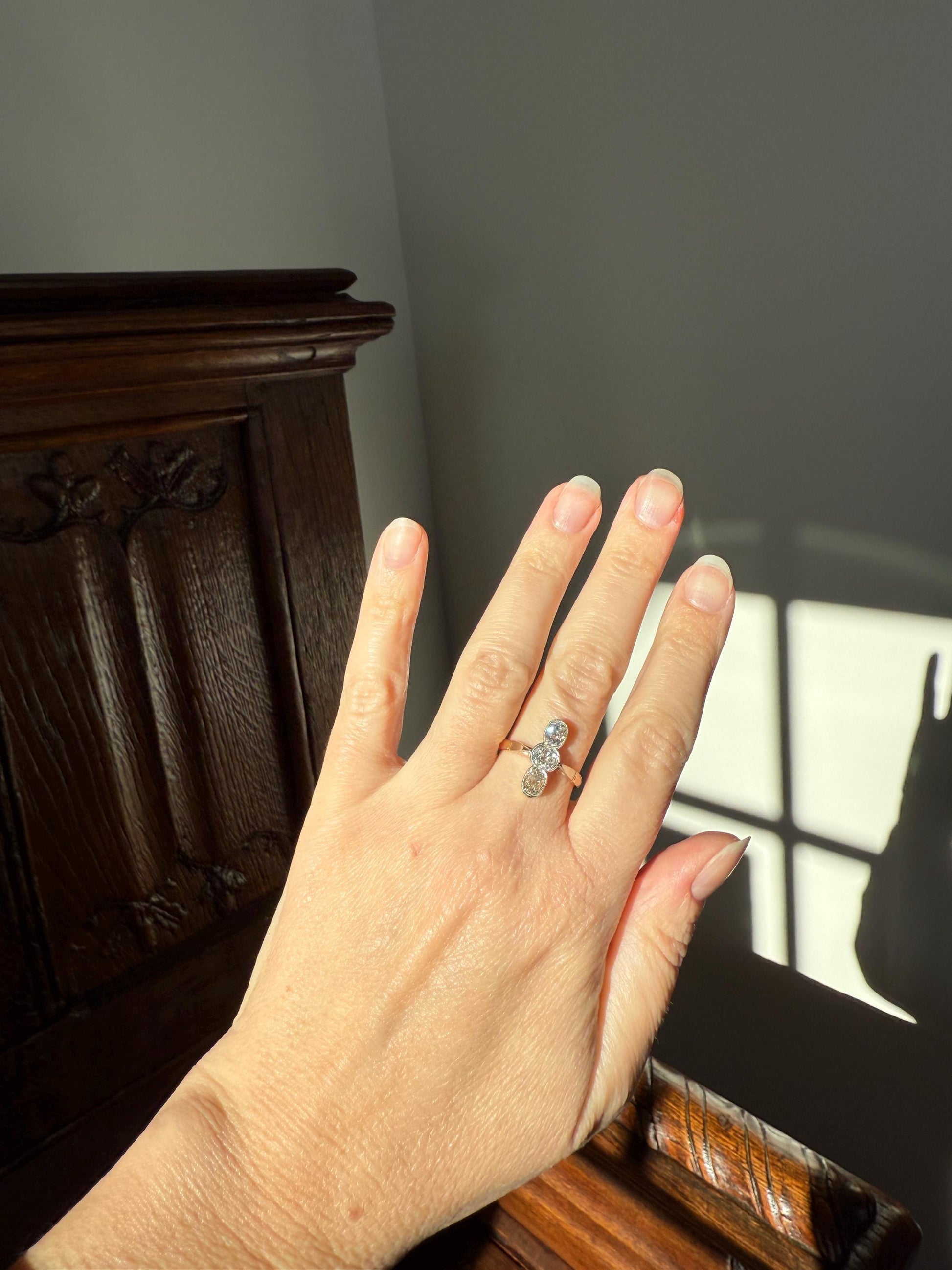 LINEAR 1.7 Carat Elongated Old Mine Cut DIAMONDS Oval & Round Three Stone Ring Chunky French ANTIQUE 18k Gold Unique Bezel Set