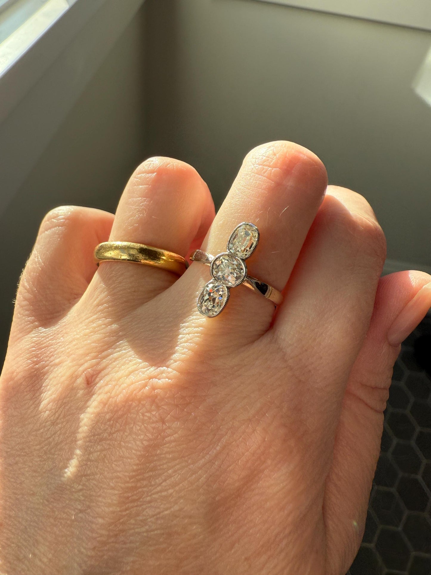 LINEAR 1.7 Carat Elongated Old Mine Cut DIAMONDS Oval & Round Three Stone Ring Chunky French ANTIQUE 18k Gold Unique Bezel Set