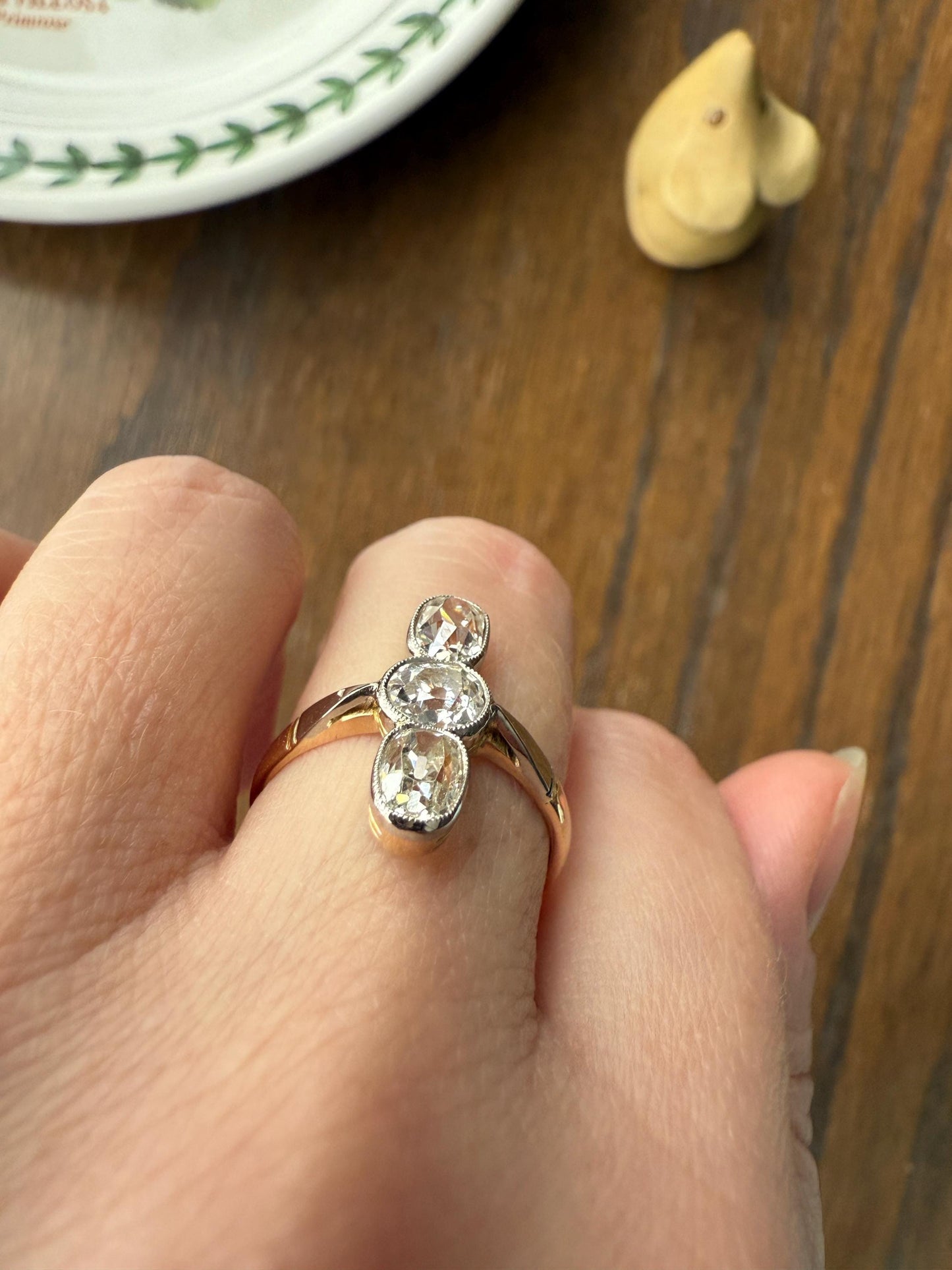 LINEAR 1.7 Carat Elongated Old Mine Cut DIAMONDS Oval & Round Three Stone Ring Chunky French ANTIQUE 18k Gold Unique Bezel Set