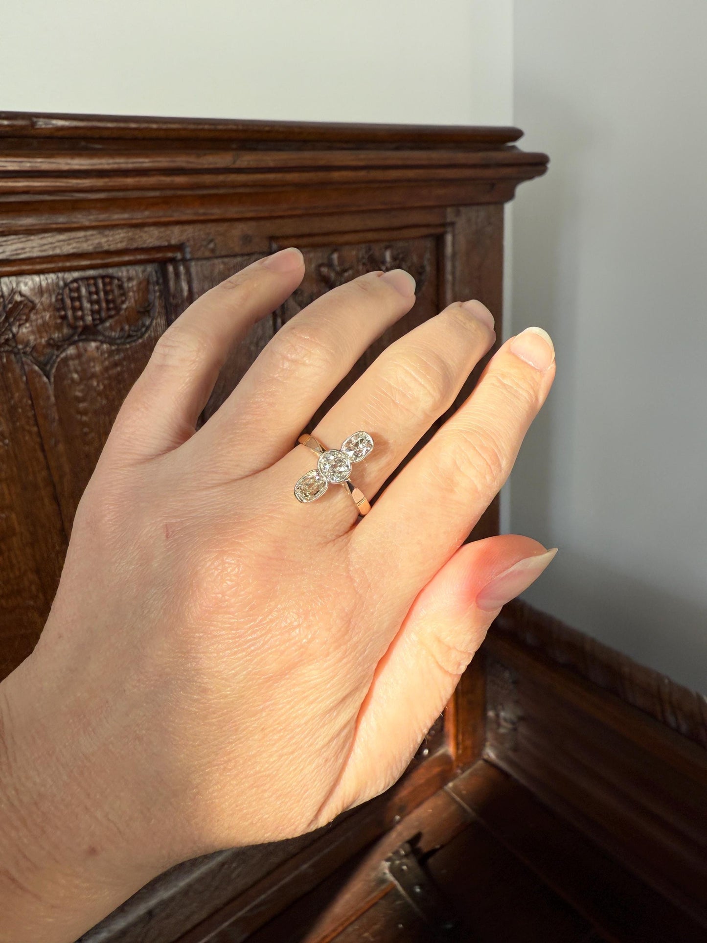 LINEAR 1.7 Carat Elongated Old Mine Cut DIAMONDS Oval & Round Three Stone Ring Chunky French ANTIQUE 18k Gold Unique Bezel Set