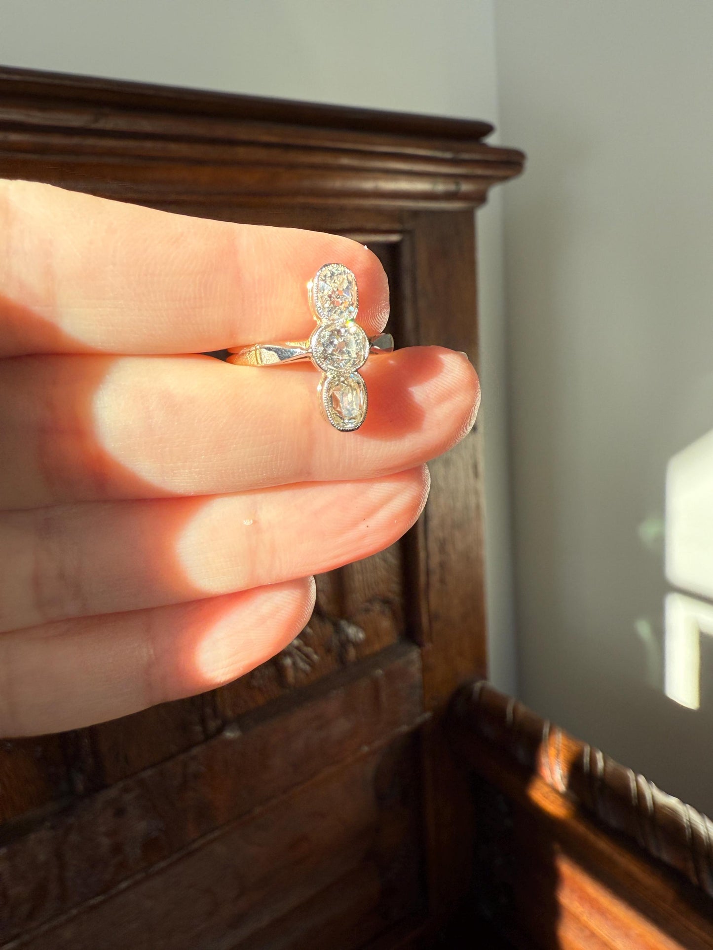 LINEAR 1.7 Carat Elongated Old Mine Cut DIAMONDS Oval & Round Three Stone Ring Chunky French ANTIQUE 18k Gold Unique Bezel Set