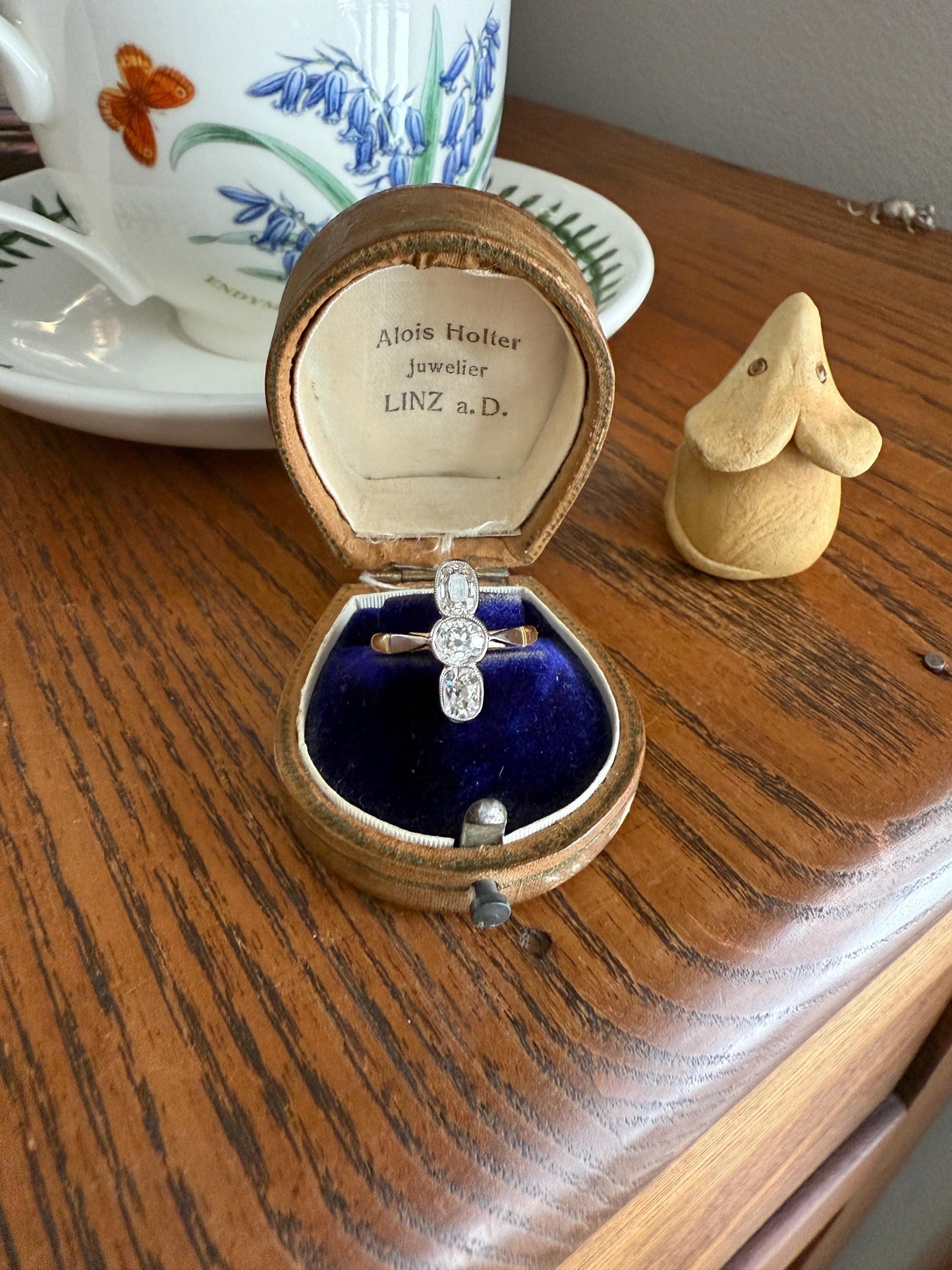 LINEAR 1.7 Carat Elongated Old Mine Cut DIAMONDS Oval & Round Three Stone Ring Chunky French ANTIQUE 18k Gold Unique Bezel Set