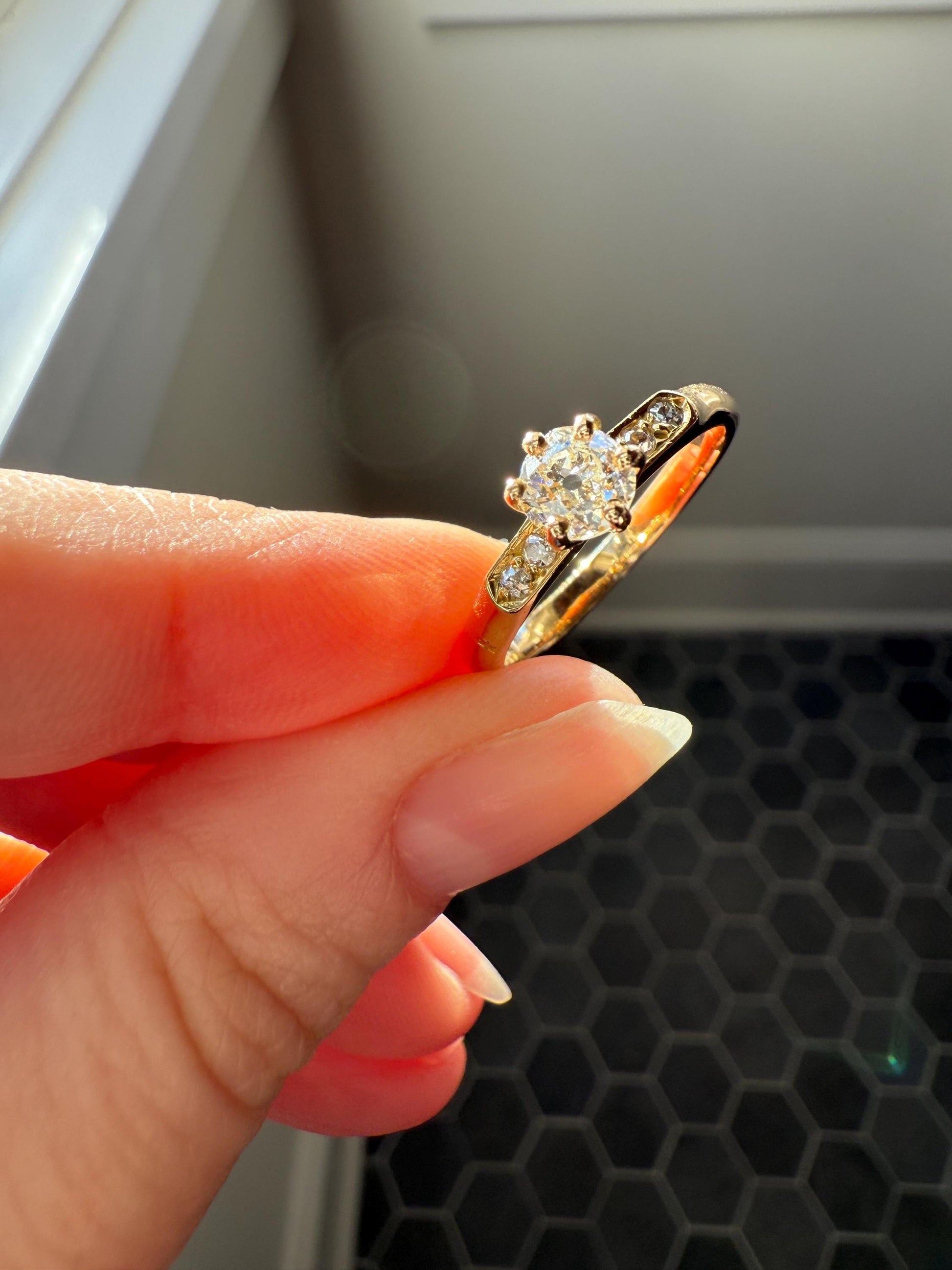 Classic Antique .6 Carat Old Mine Cut Diamond Solitaire & Accents 18k Gold French Victorian Engagement Ring Band Minimalist Stacker OMC