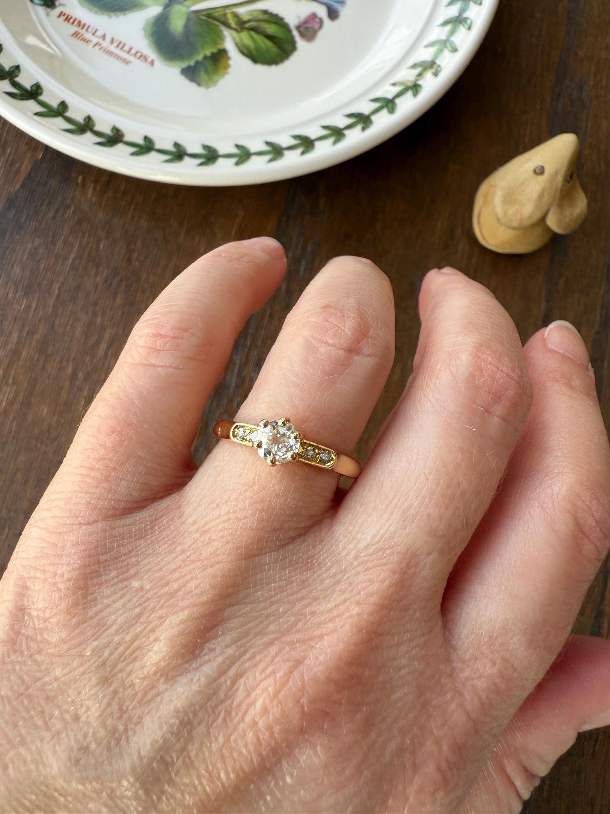 Classic Antique .6 Carat Old Mine Cut Diamond Solitaire & Accents 18k Gold French Victorian Engagement Ring Band Minimalist Stacker OMC